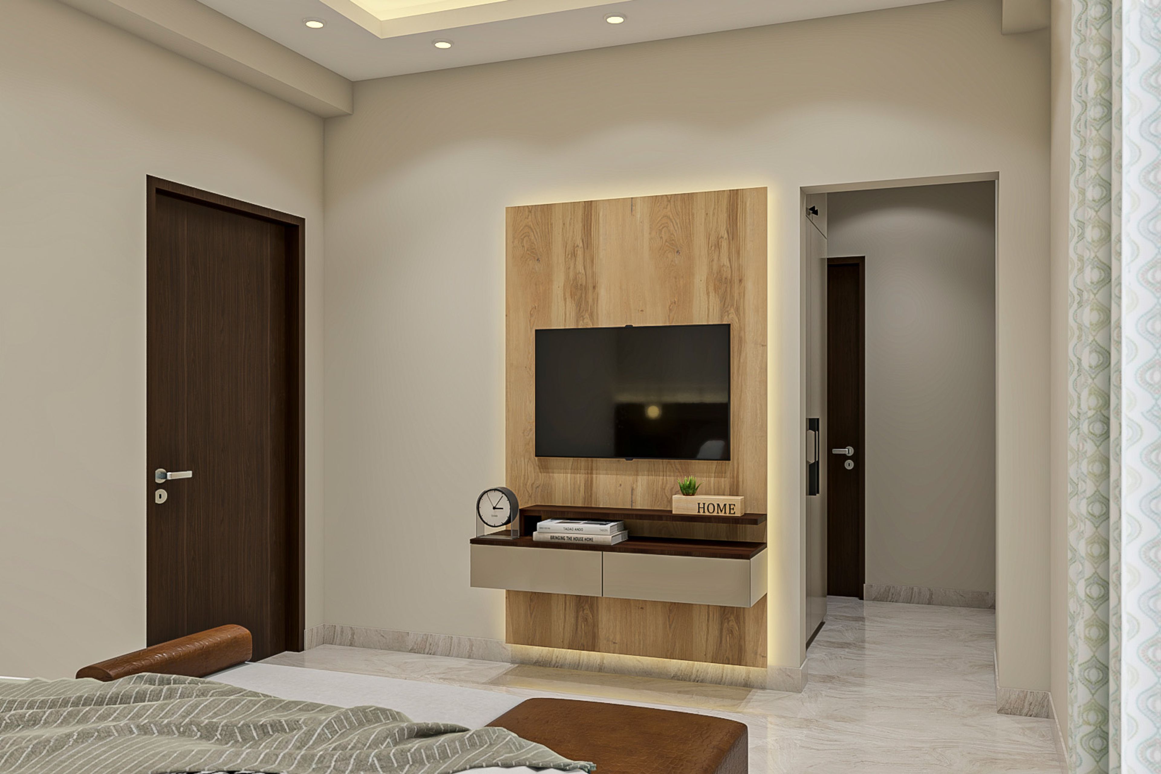 Modern Wall-Mounted TV Unit Design with Wooden Panel and Drawers