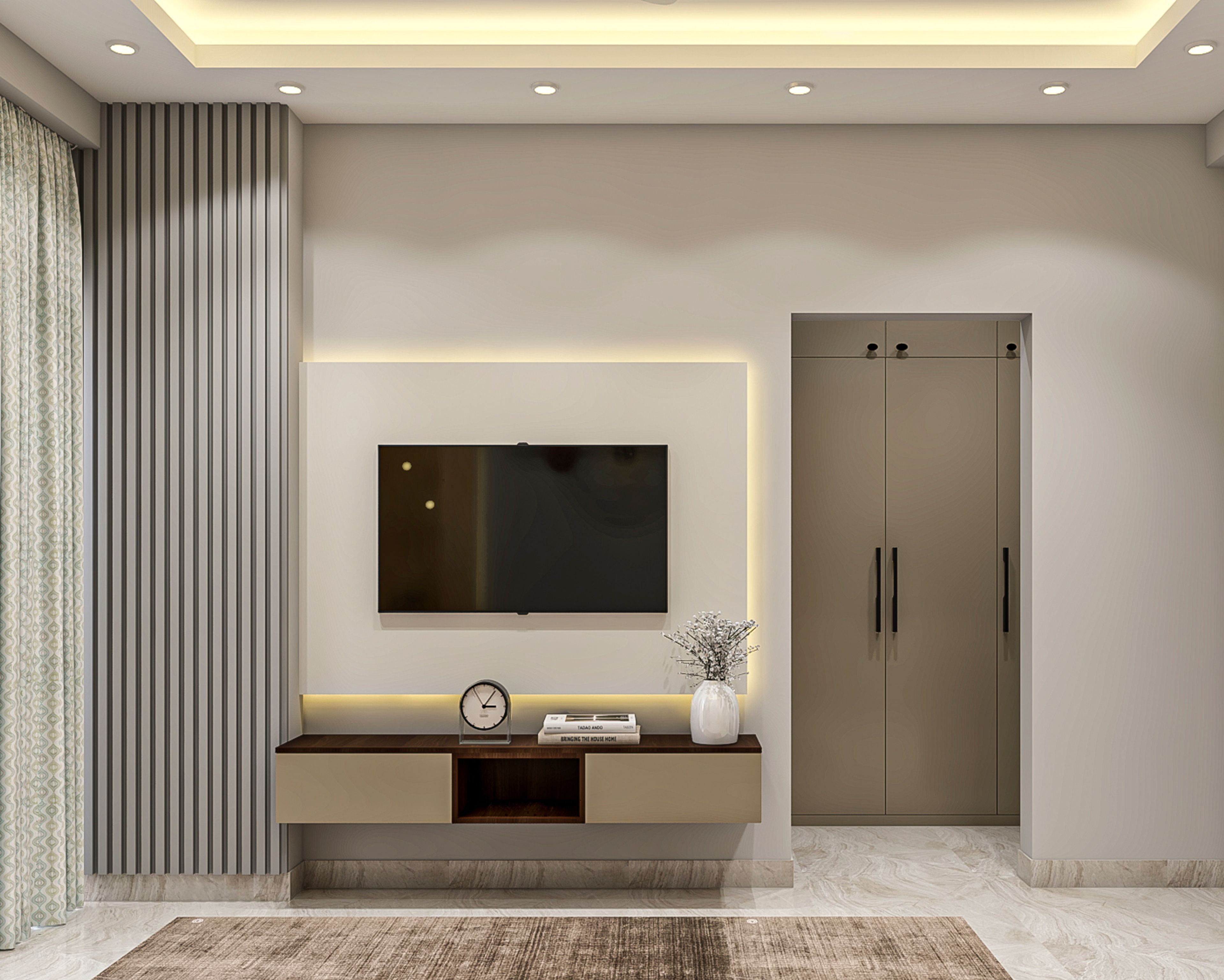 Modern TV Unit Design with Wall-Mounted Drawer and Open Shelf