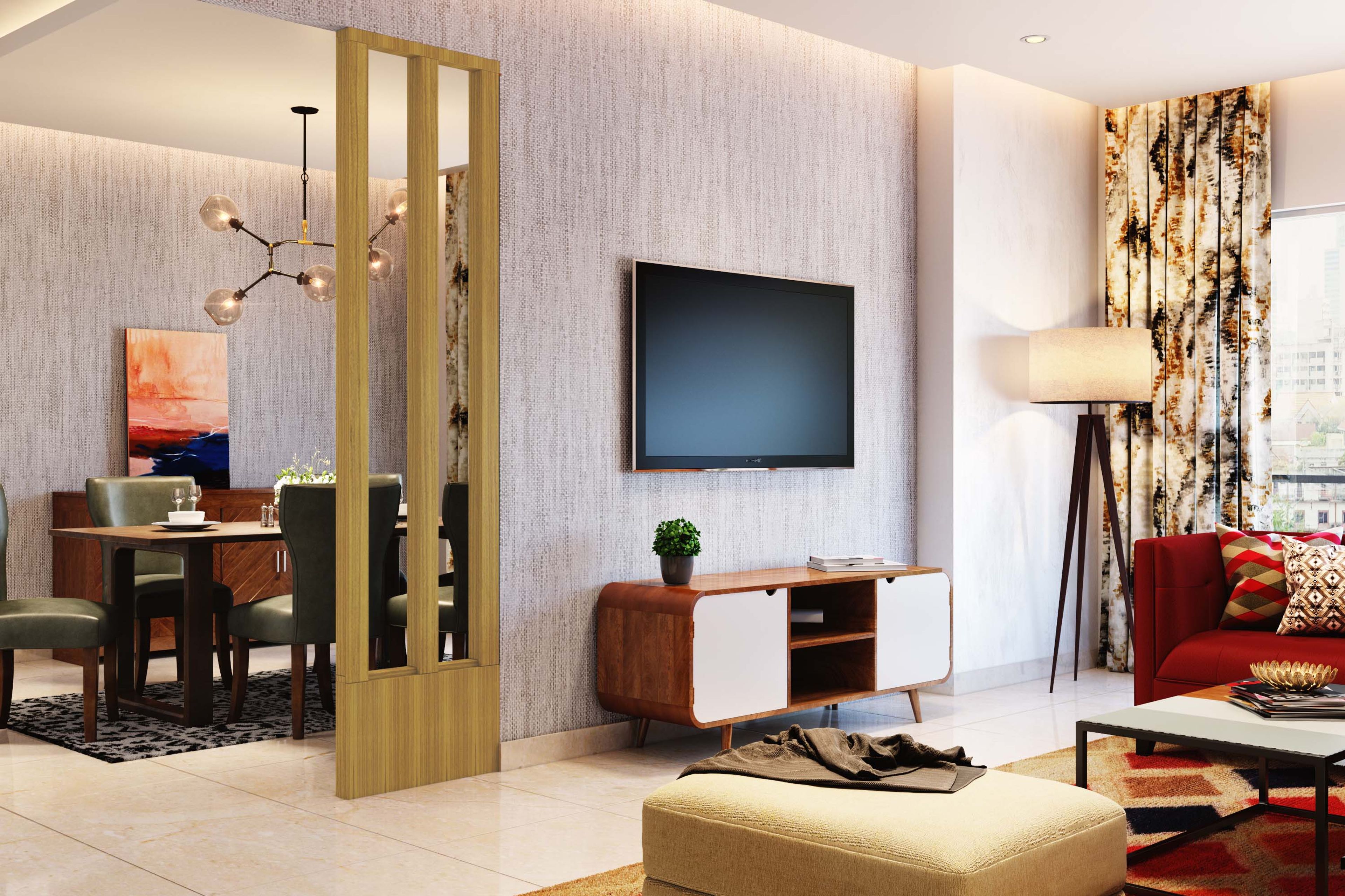 Modern TV Unit Design with Open and Closed Storage in Walnut and White