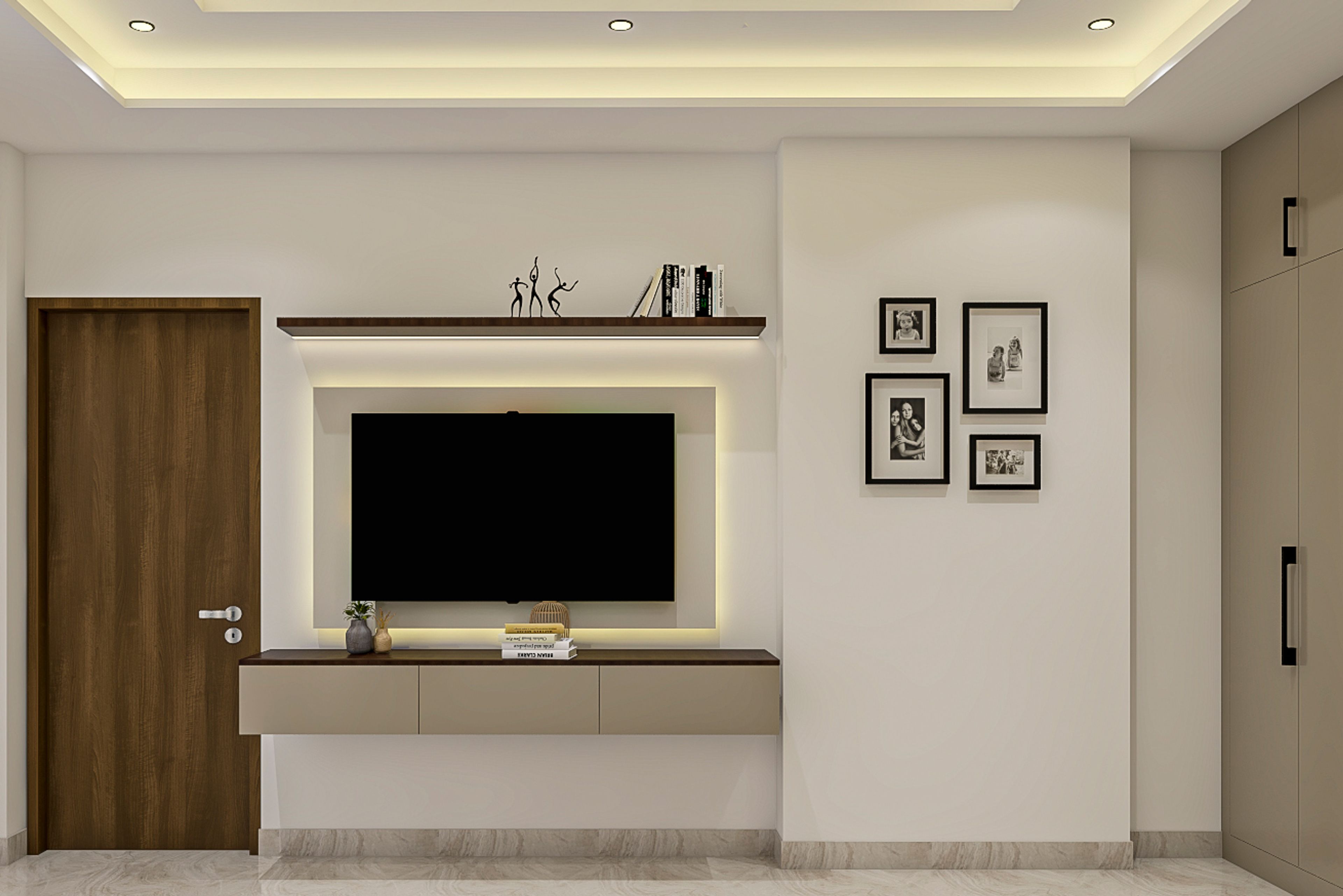 Minimalist TV Unit Design with White Wooden Backpanel and Strip Light