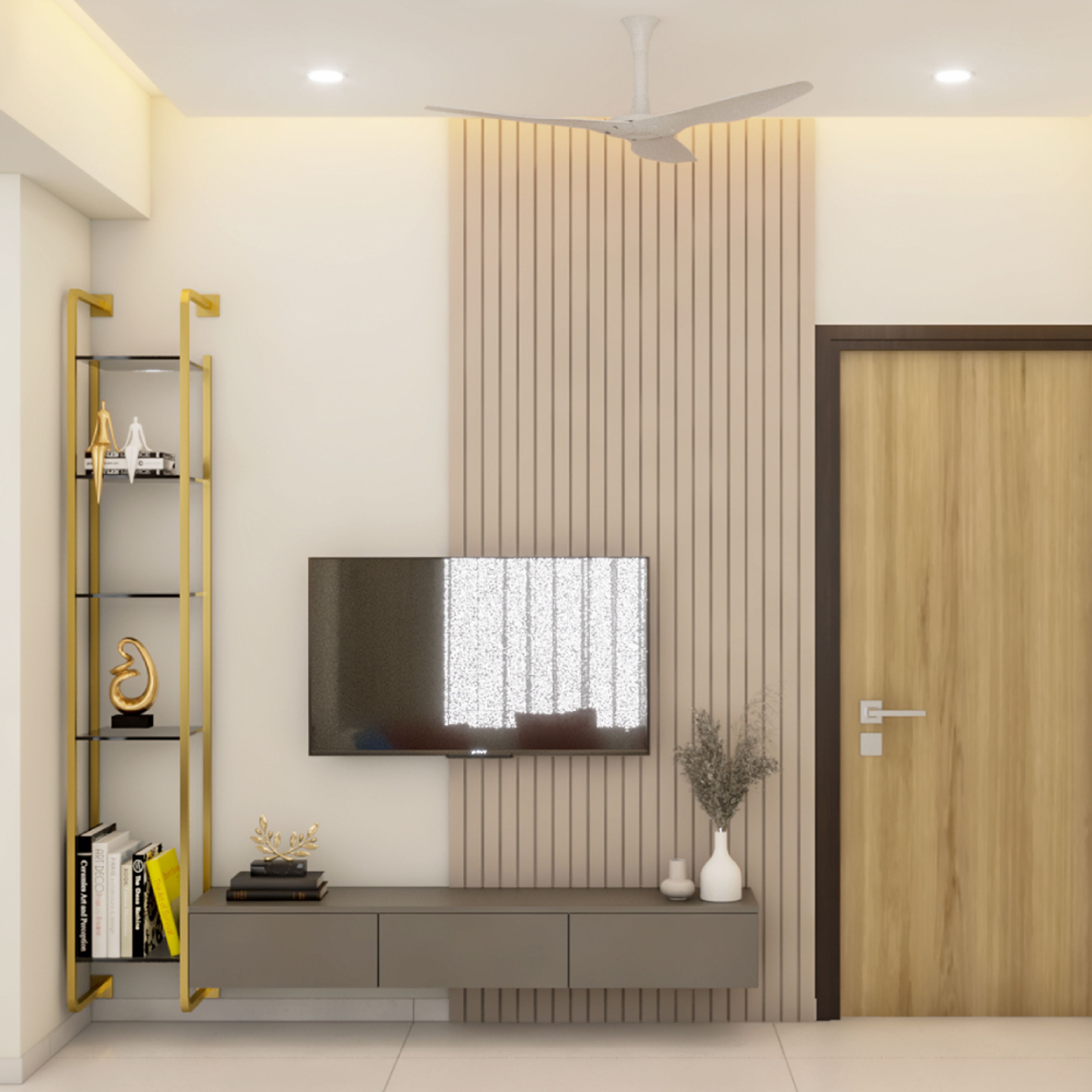 Sleek Modern TV Unit Design with Grey Fluted Panel Accent Wall