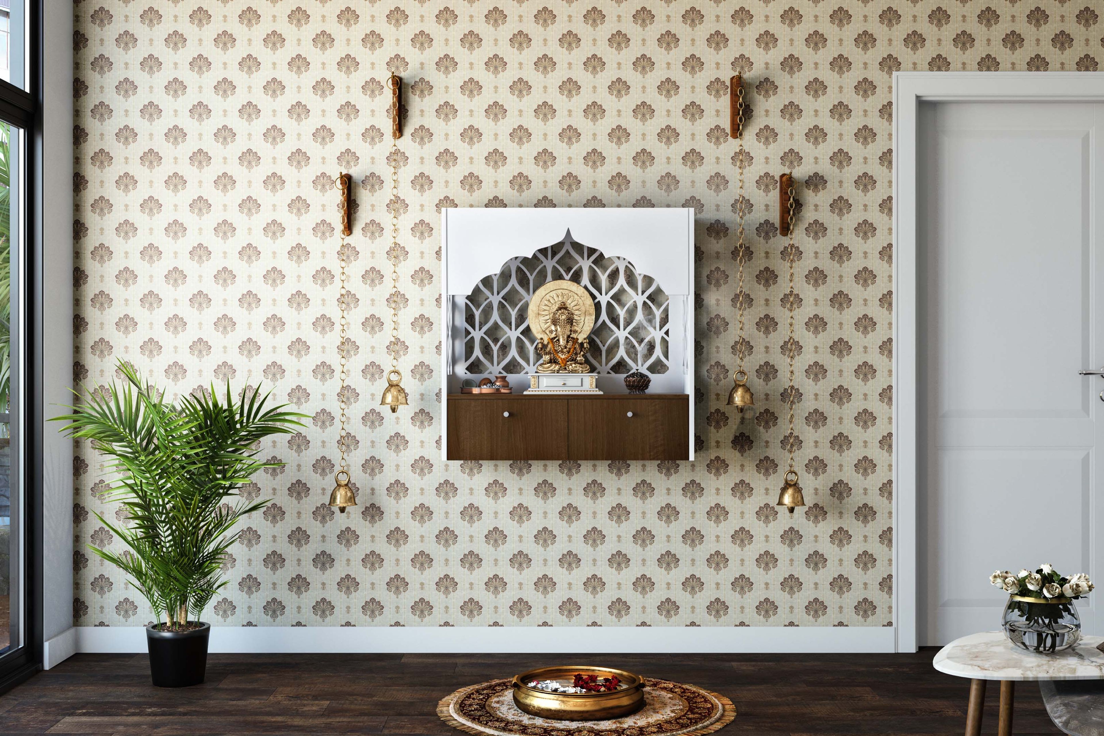 Traditional Block Motif Print Wallpaper Design in Cream and Brown Shades