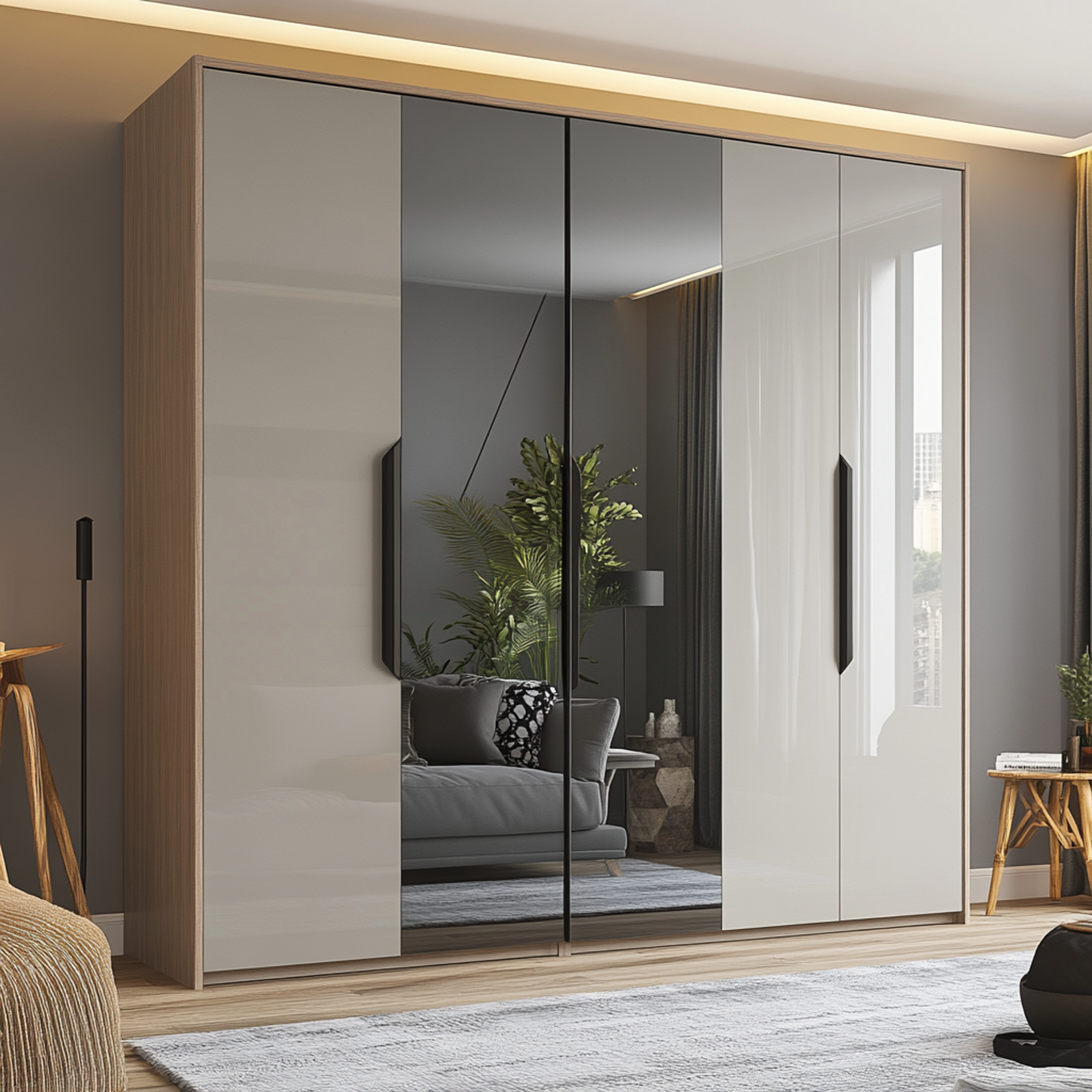 Minimalist 5-Door Swing Wardrobe Design in Metallic Silver