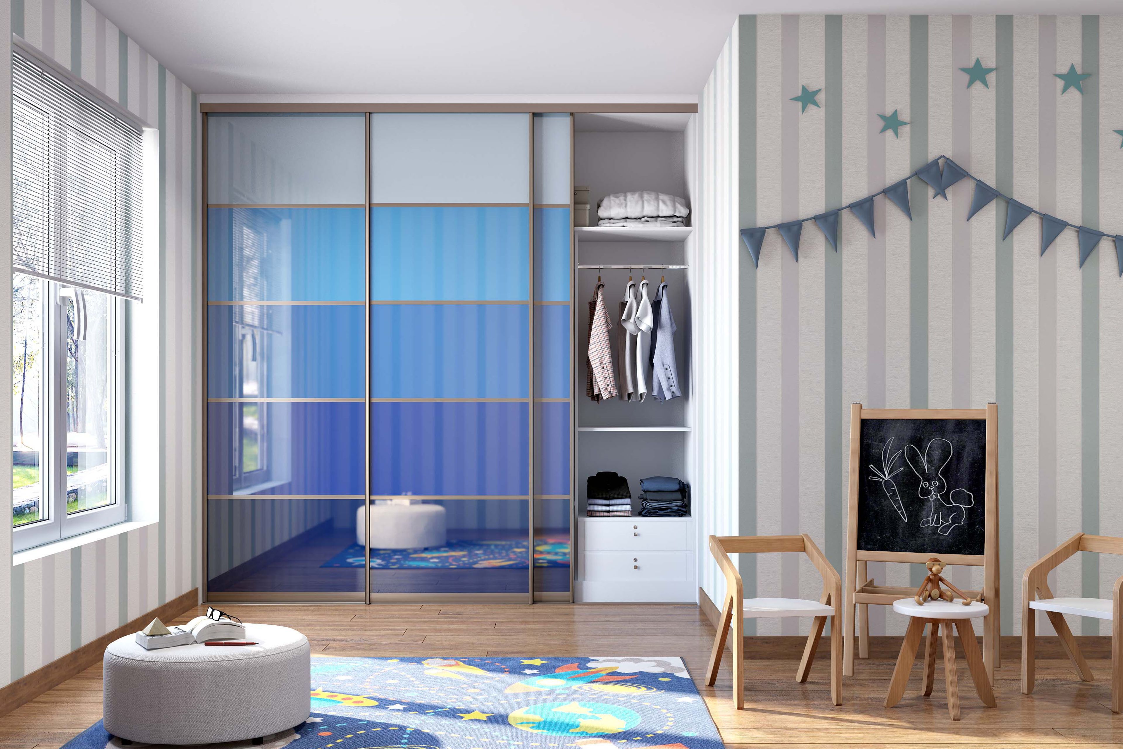 Scandinavian 3-Door Sliding Wardrobe Design in Shades of Blue