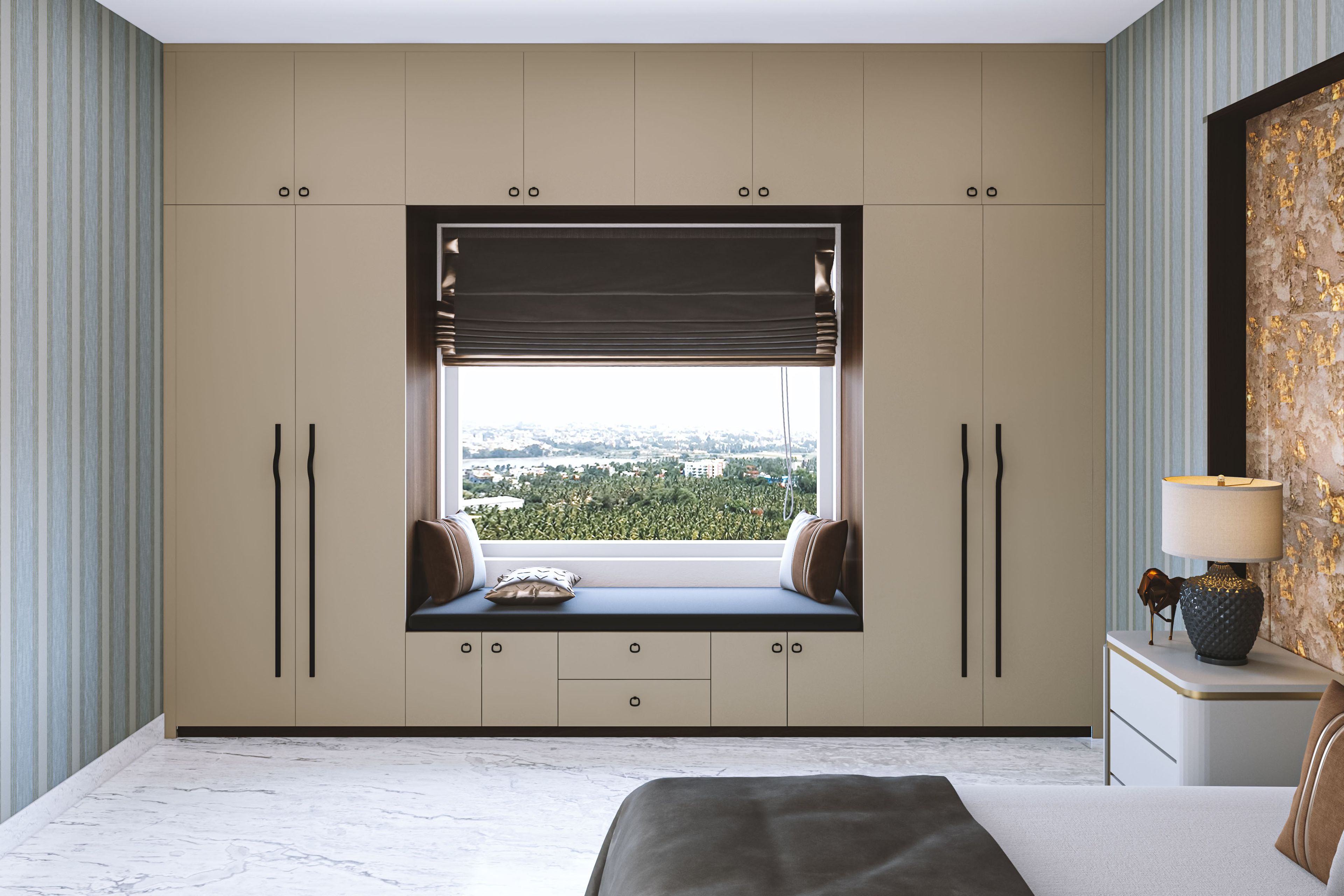 Contemporary 4-Door Swing Wardrobe Design in Irish Cream