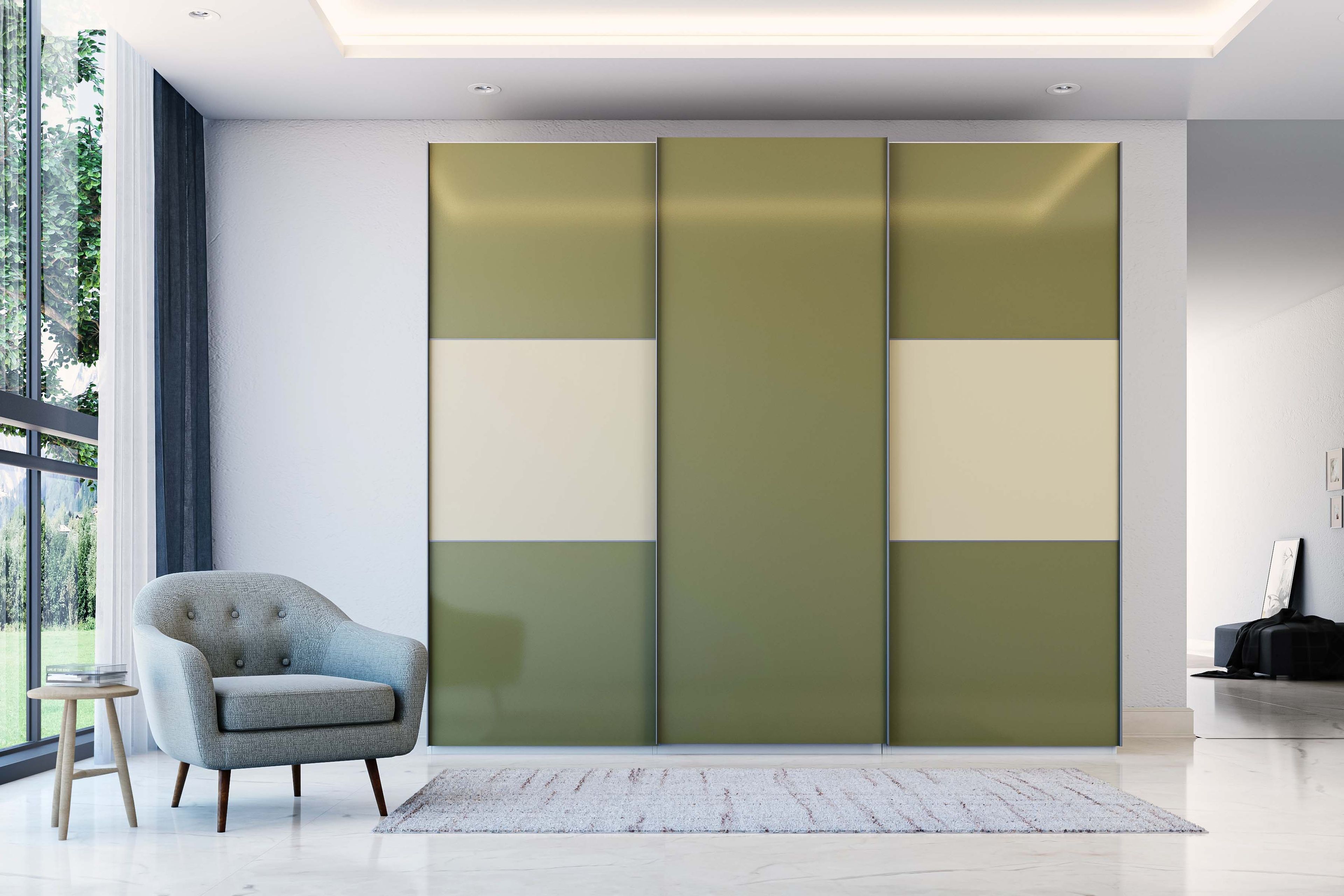 Contemporary Sliding Wardrobe Design in Golf Green and Champagne