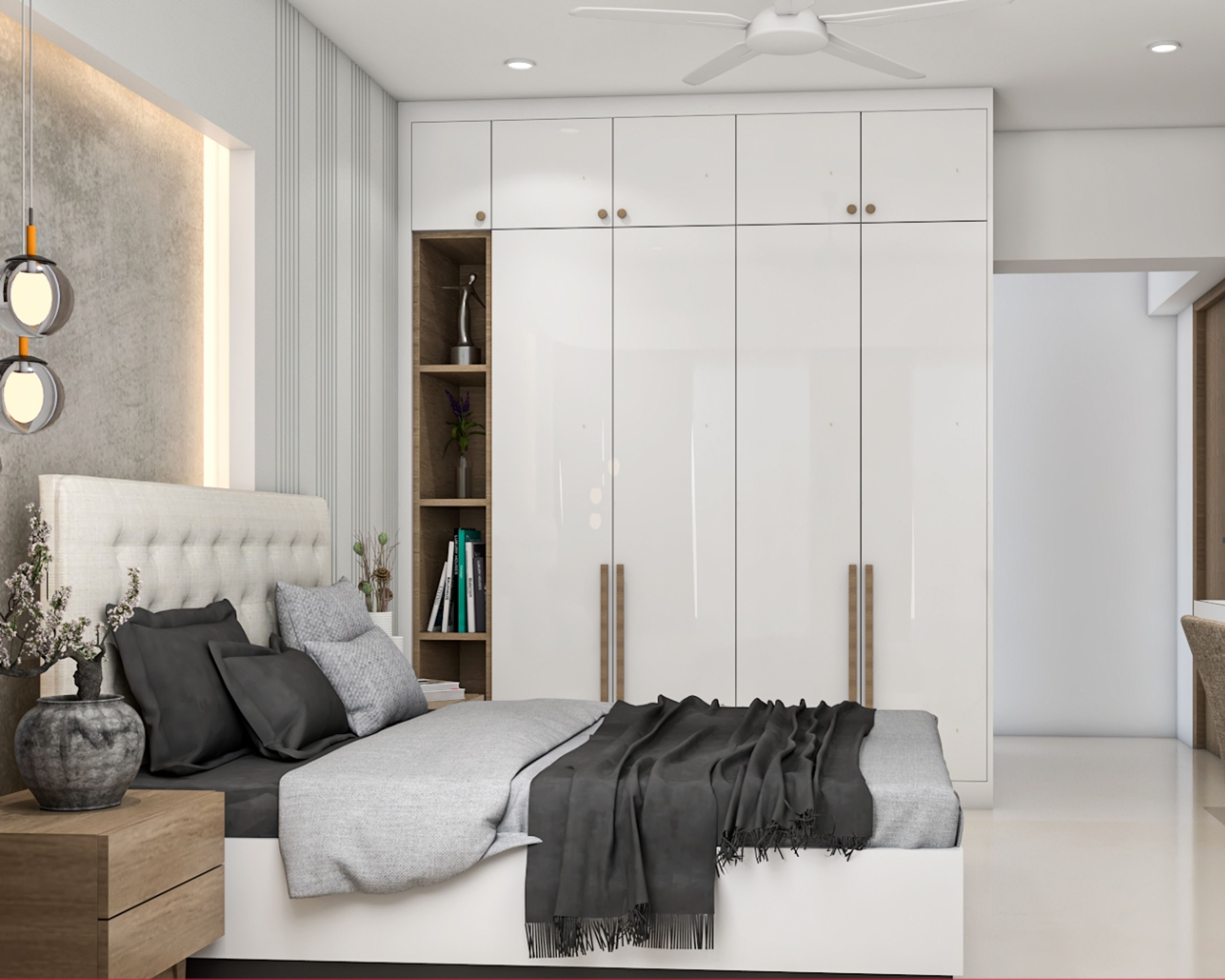 Modern 4-Door Swing Wardrobe Design with Open Shelf