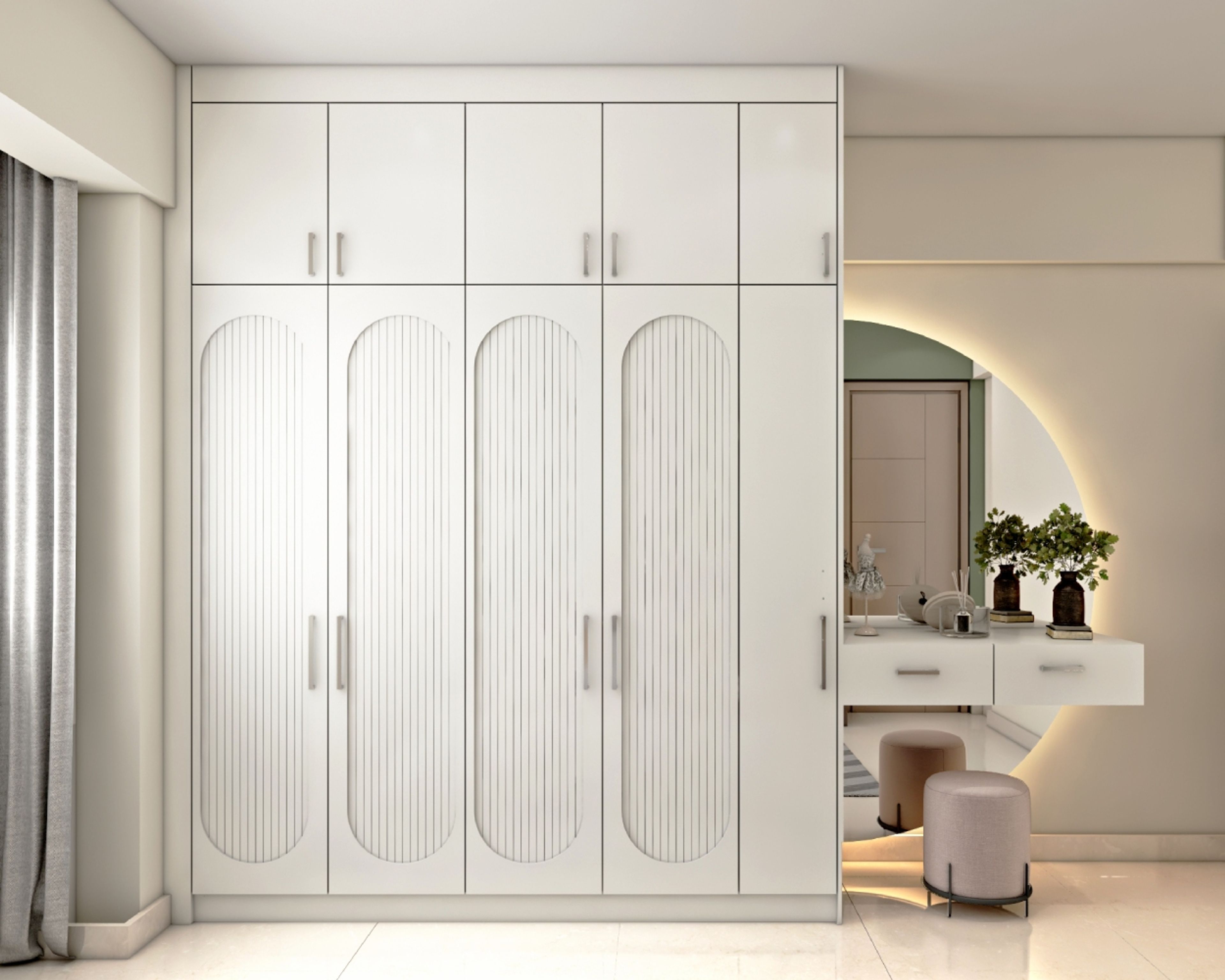 Contemporary 5-Door Wardrobe Design with Curved White Shutters