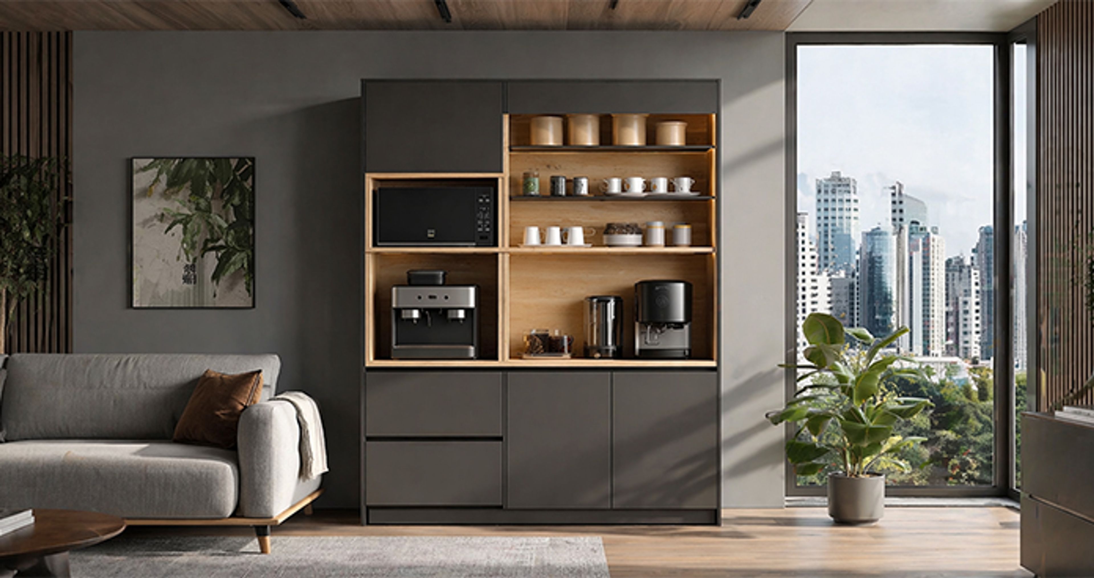 Wooden Crockery Unit Design with Grey Walls