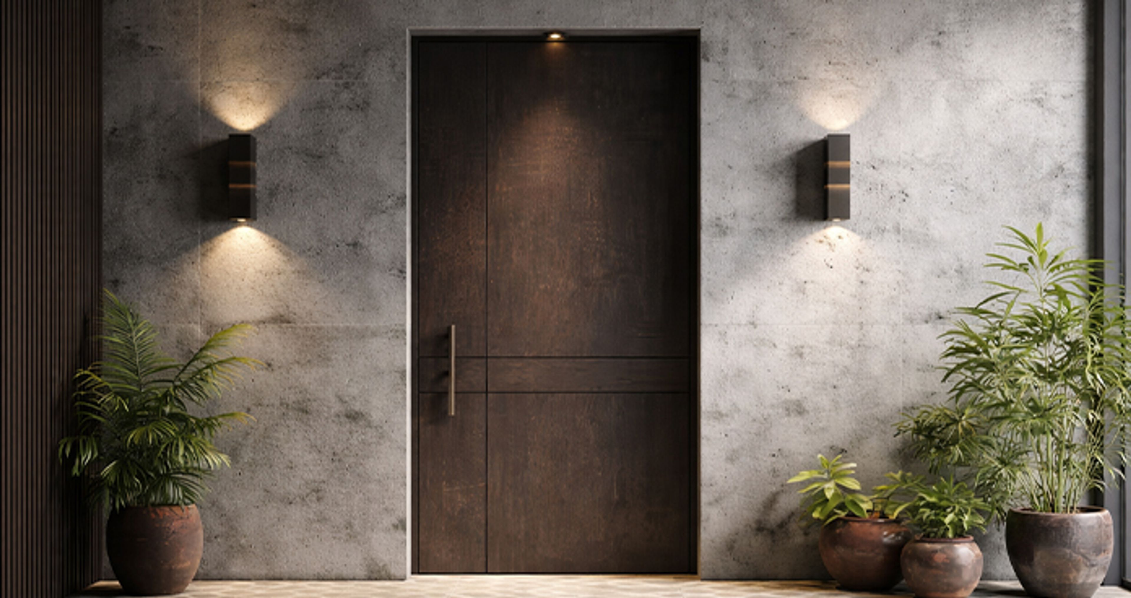 Blue door design with wooden frame with a plant and a seating bench on the side of the door - Livspace