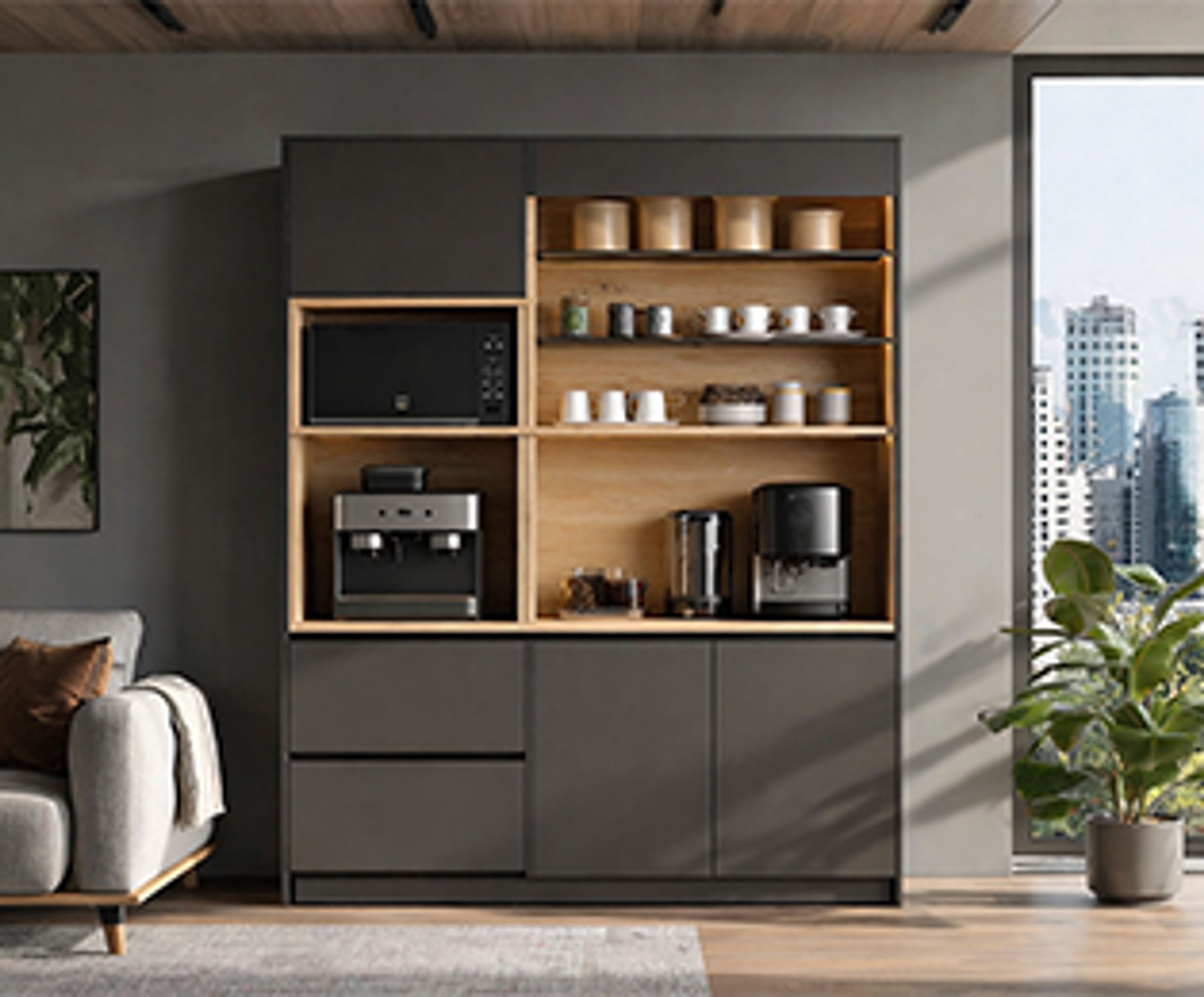 Wooden Crockery Unit Design with Grey Walls