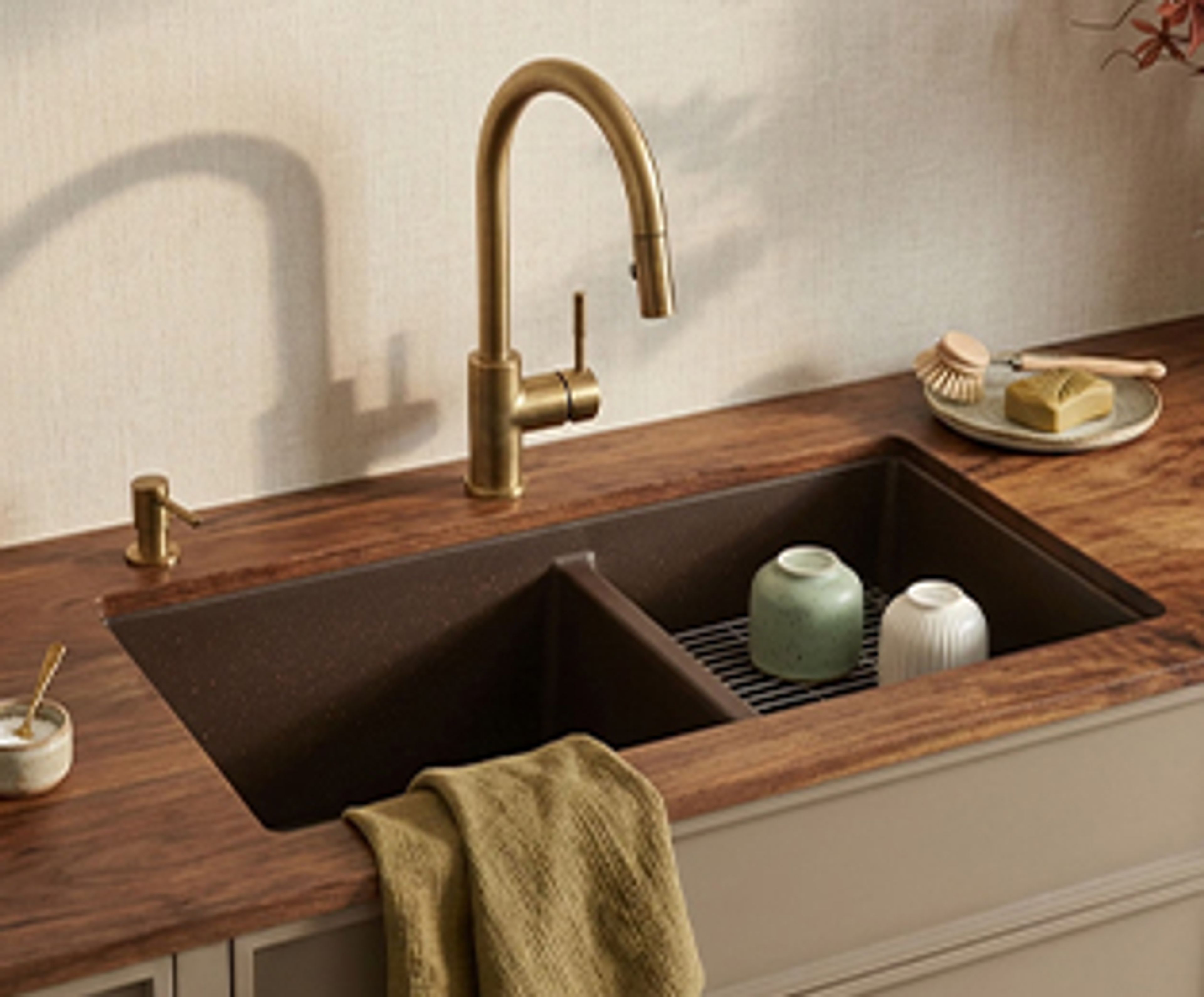 Rectangular undermount quartz basin wash with brass fittings and blue kitchen cabinets - Livspace