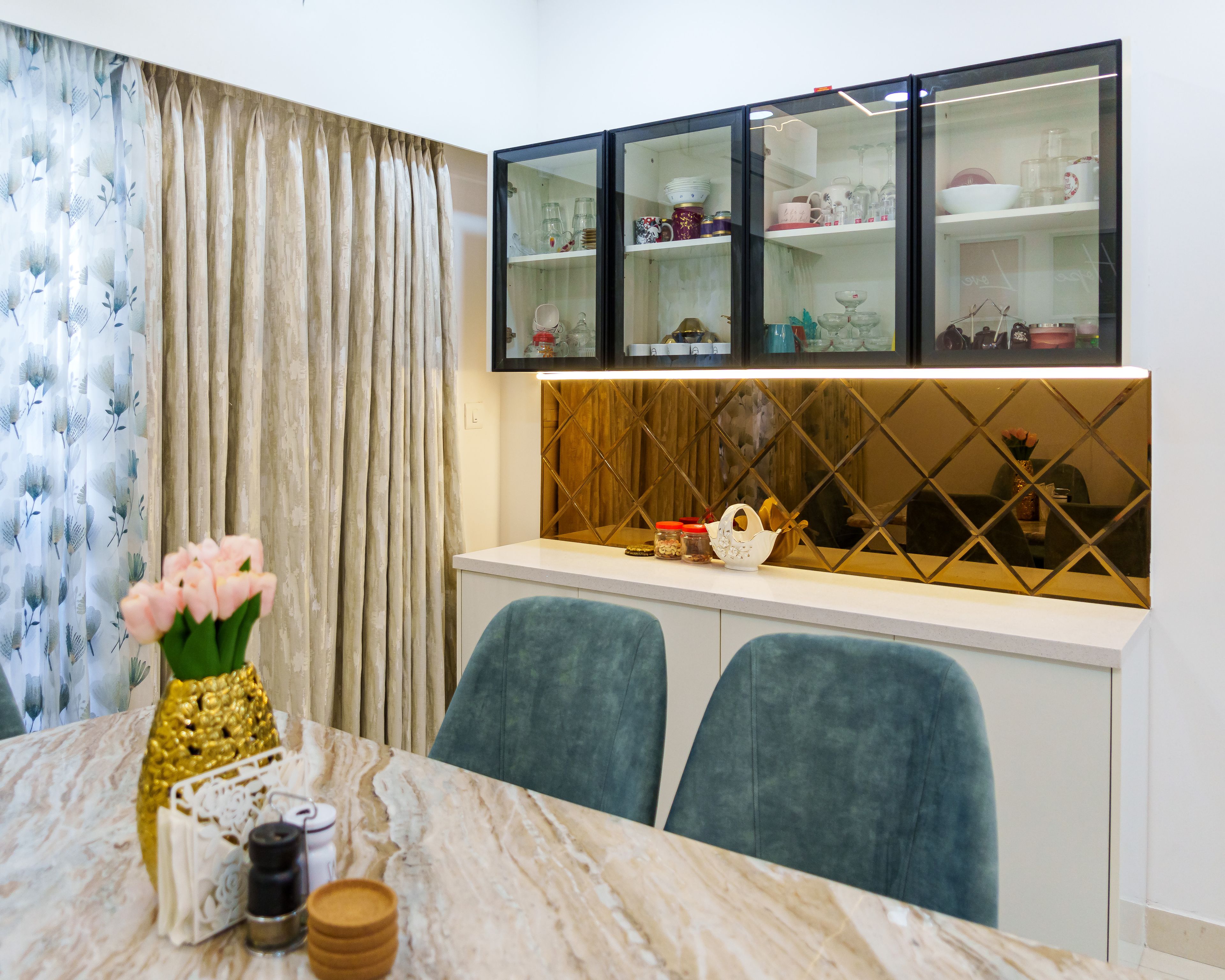 Dining Room Design with Gold Bevelled Mirror and Wall Cabinet