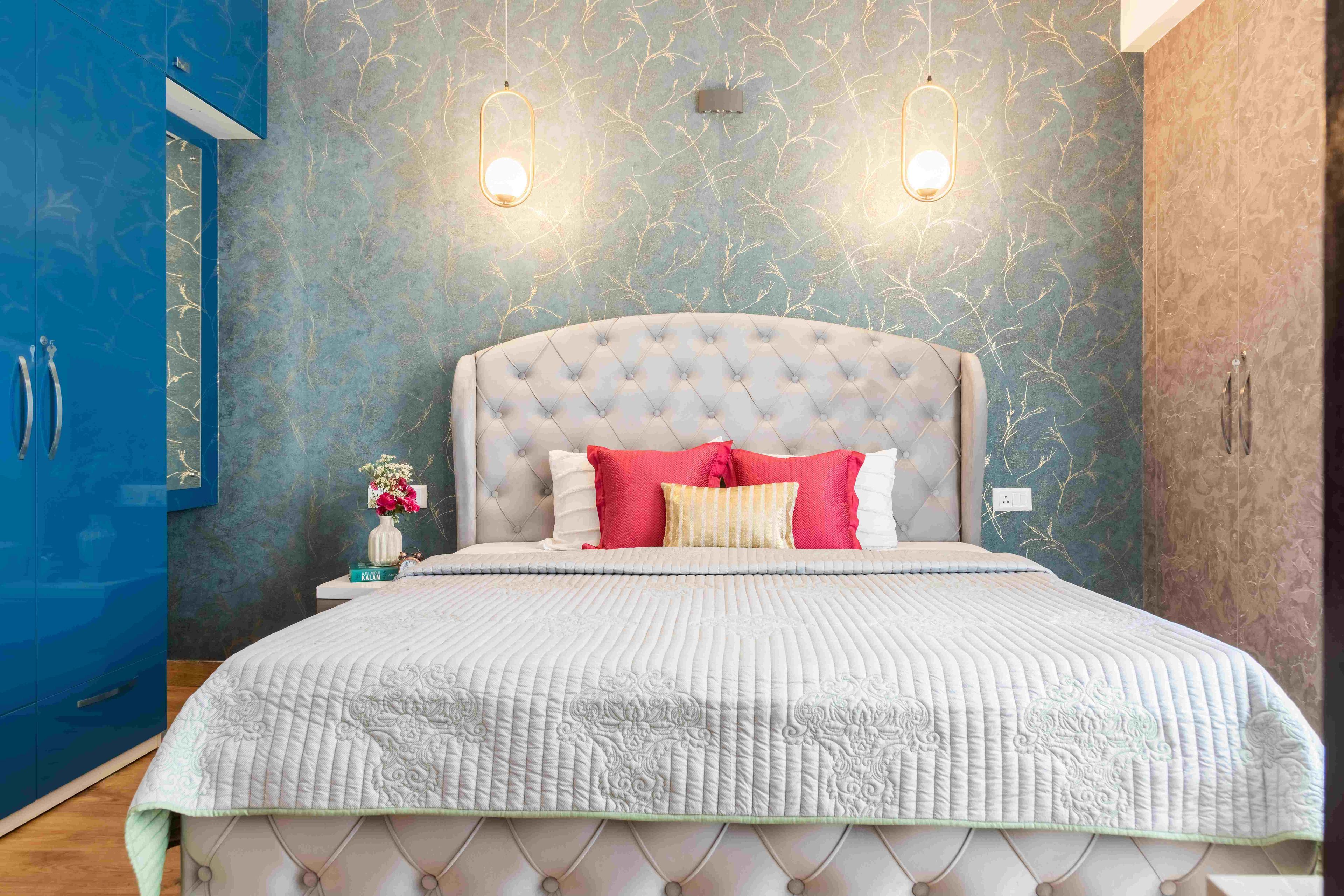 Modern Bedroom Design With A Grey Double Bed And A Swing Wardrobe