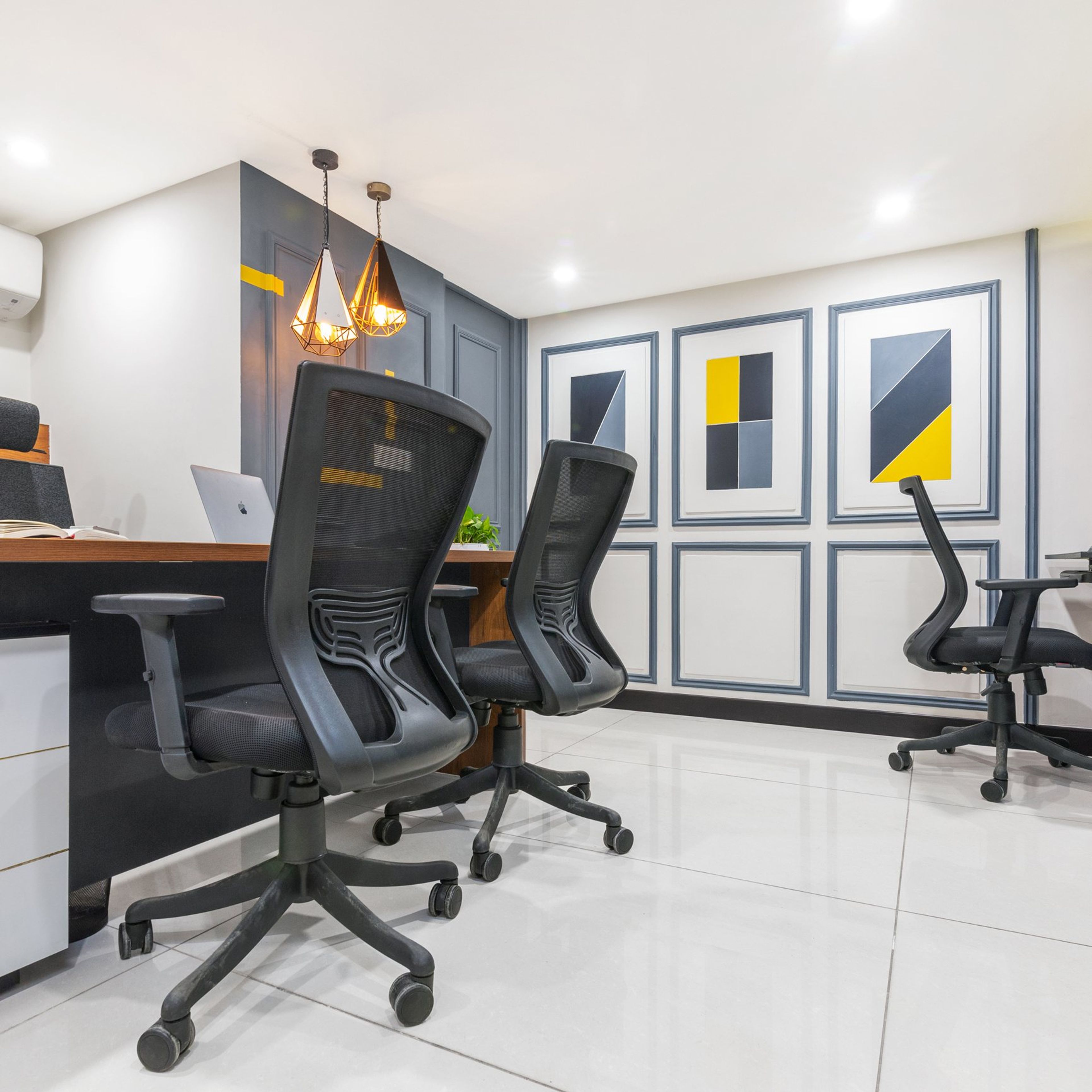 White And Grey Wall Design With Trims - Livspace