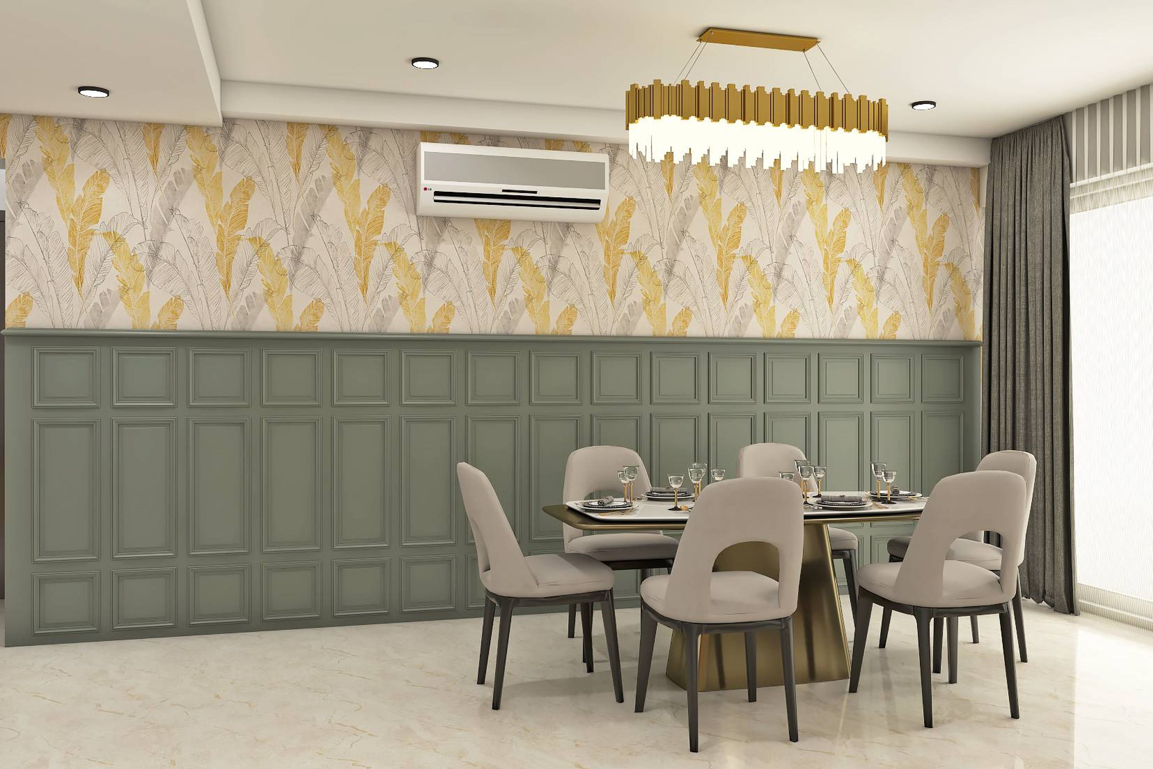 6-Seater Dining Room With Grey Wainscoting - Livspace