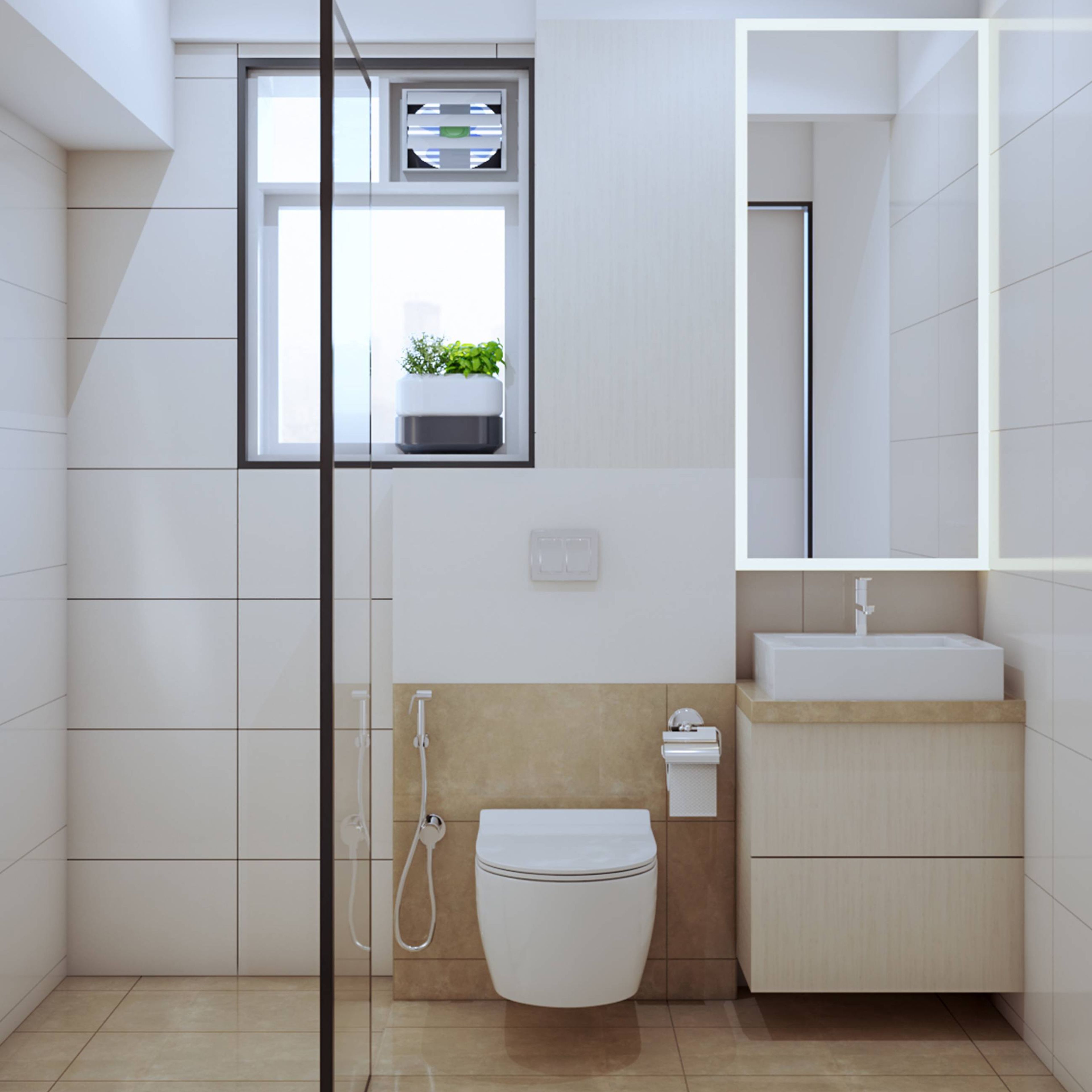 Spacious White Bathroom Design With Beige Storage Unit And Glass Partition