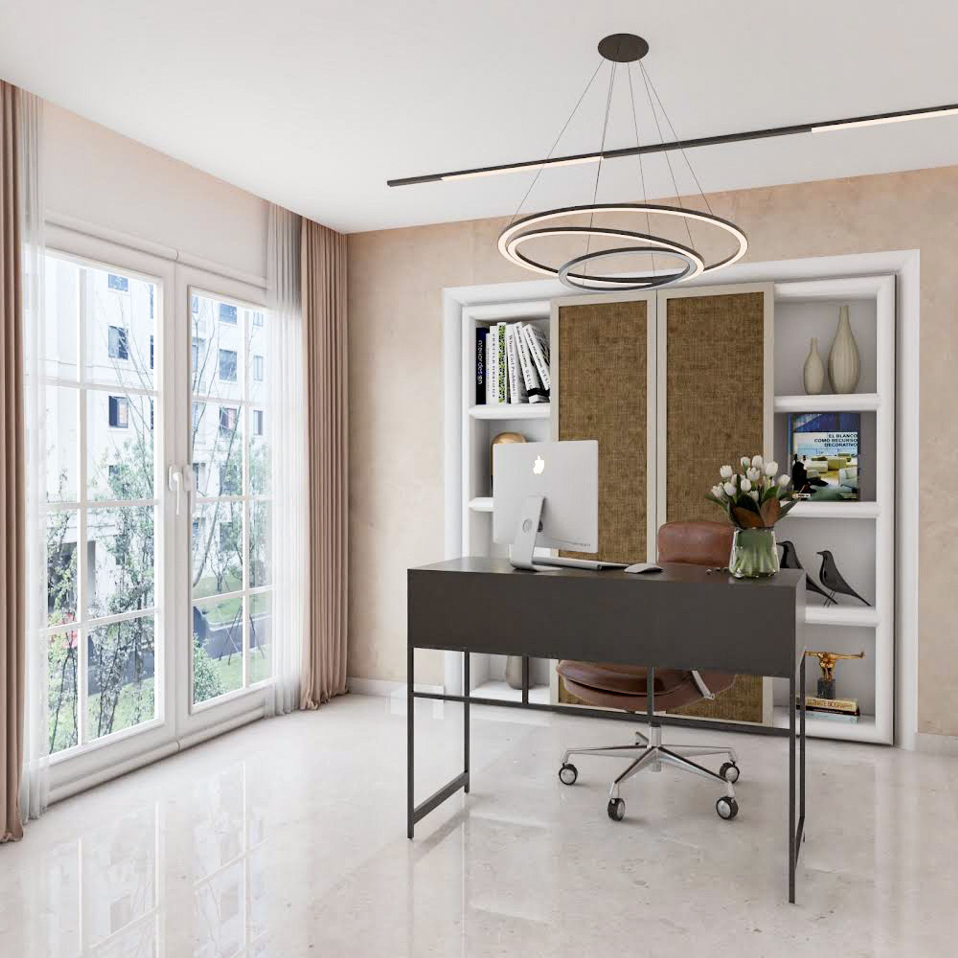 9x9 Ft  River Stone Grey Home Office Design With 3-Feet Wide Study Table - Livspace