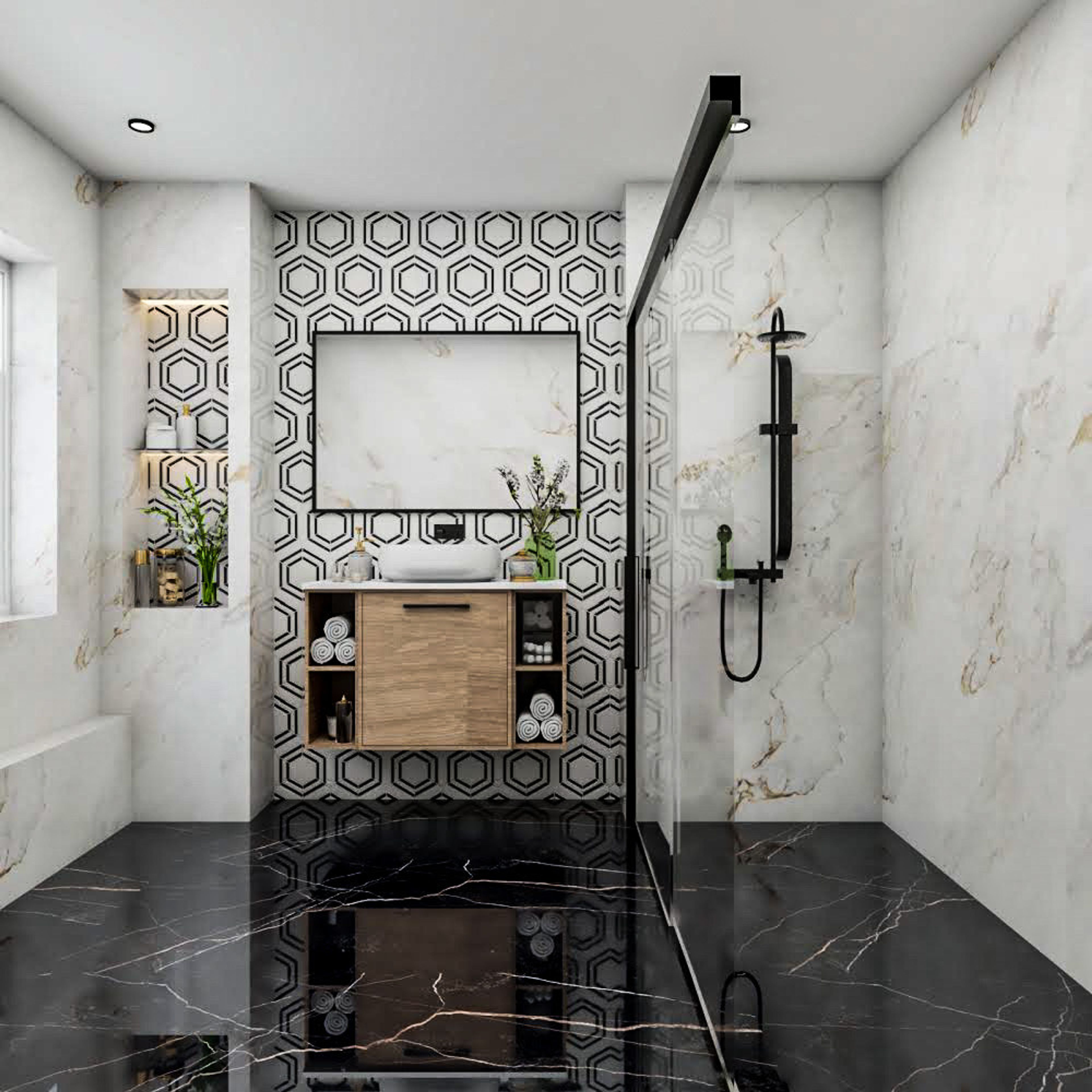 Black And White Small Bathroom Design With Glossy Marble Flooring - Livspace