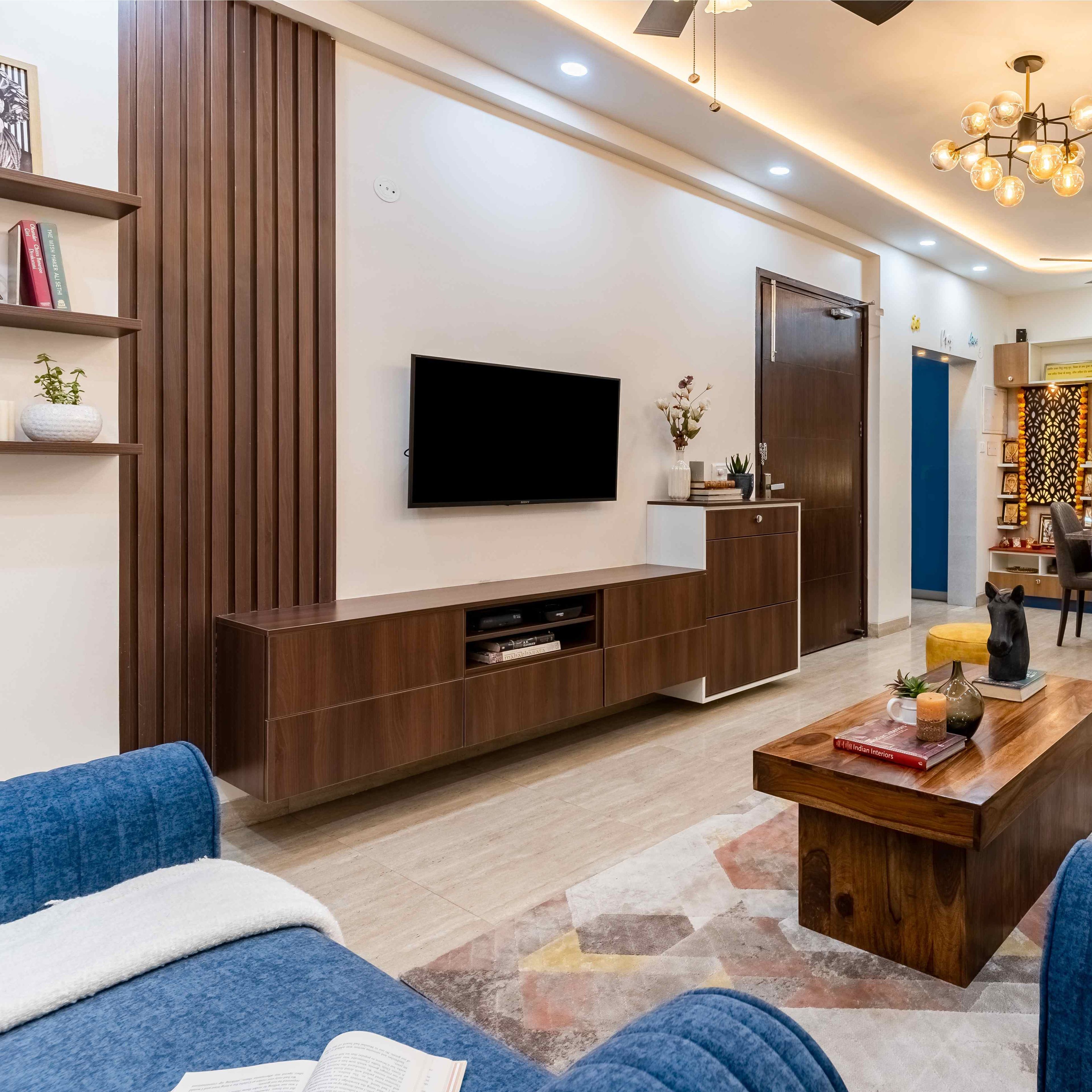 Wall Design With Brown Wood Rafters - Livspace