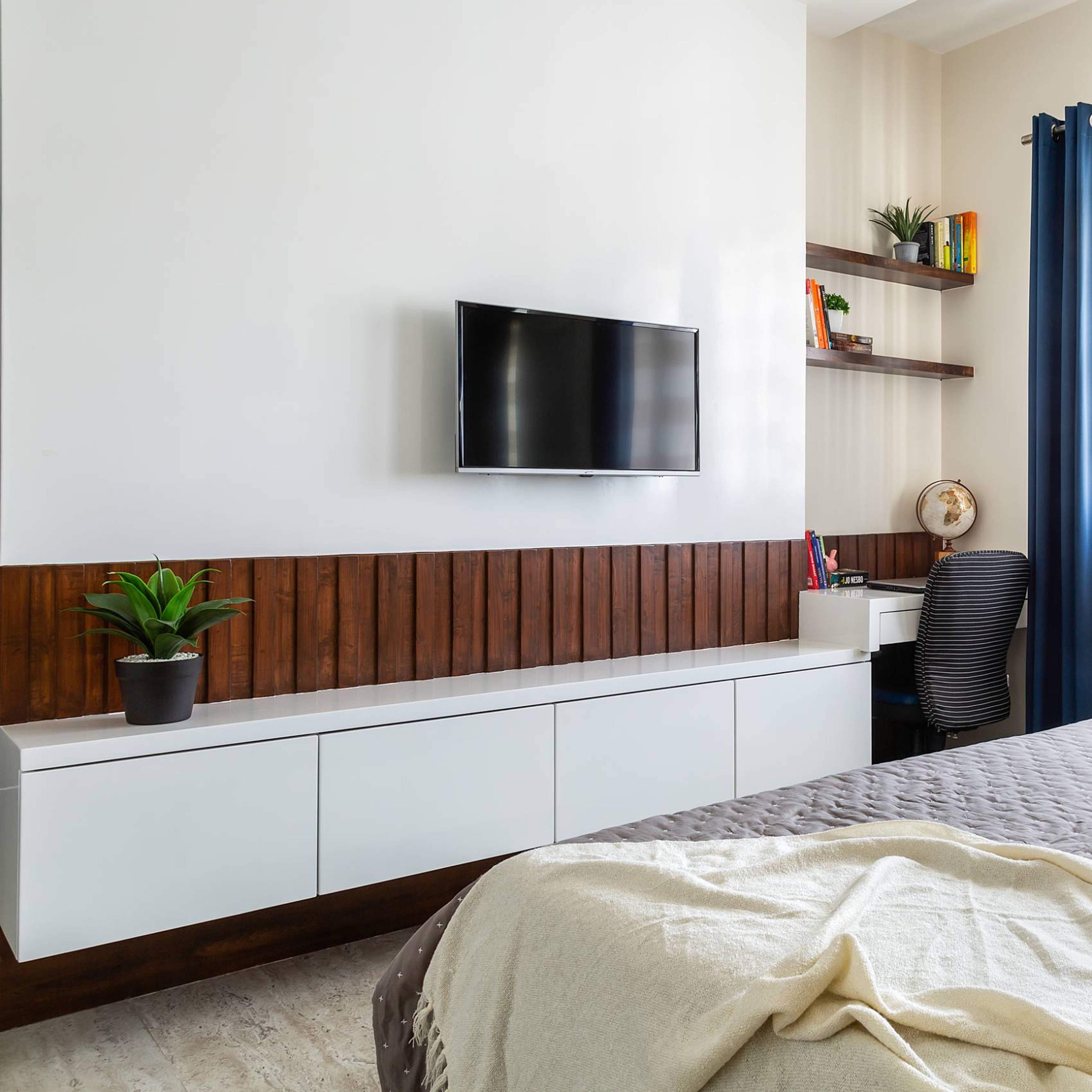 Linen White Study Room Design With Integrated TV Unit - Livspace