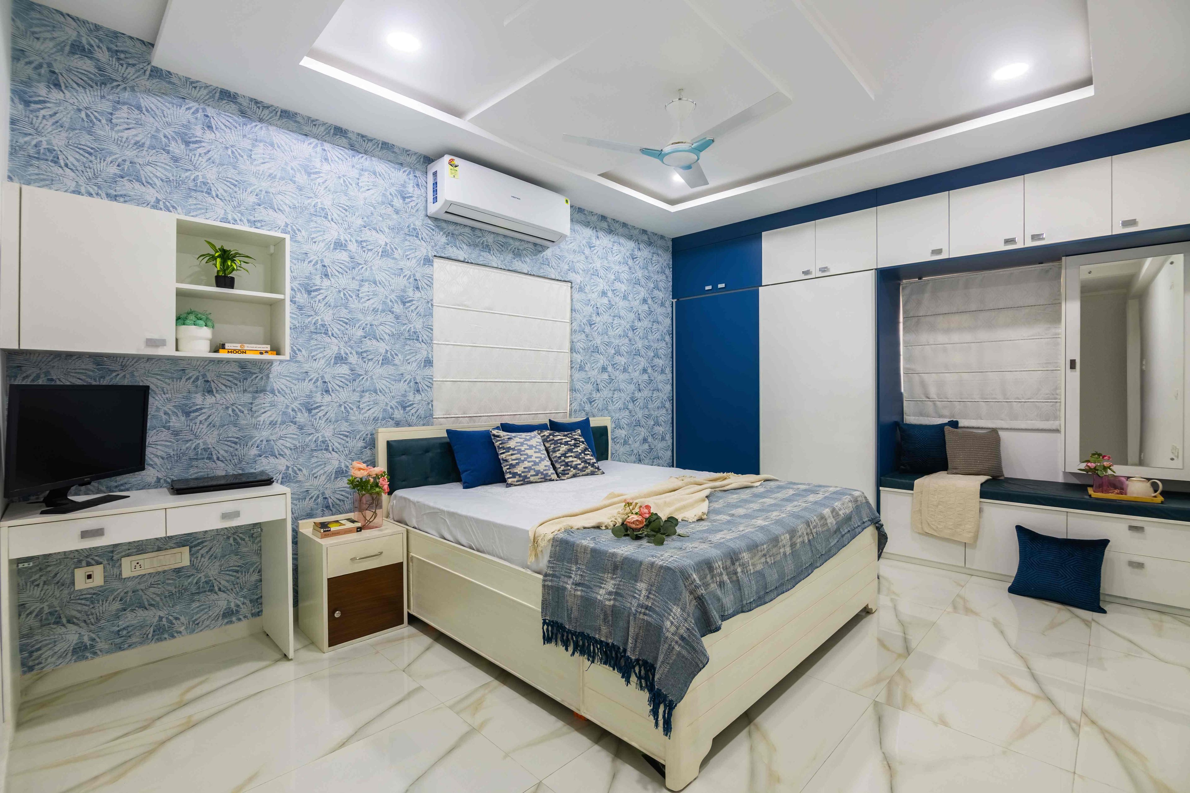 Modern Bedroom Design With A Double Bed And A Study Unit