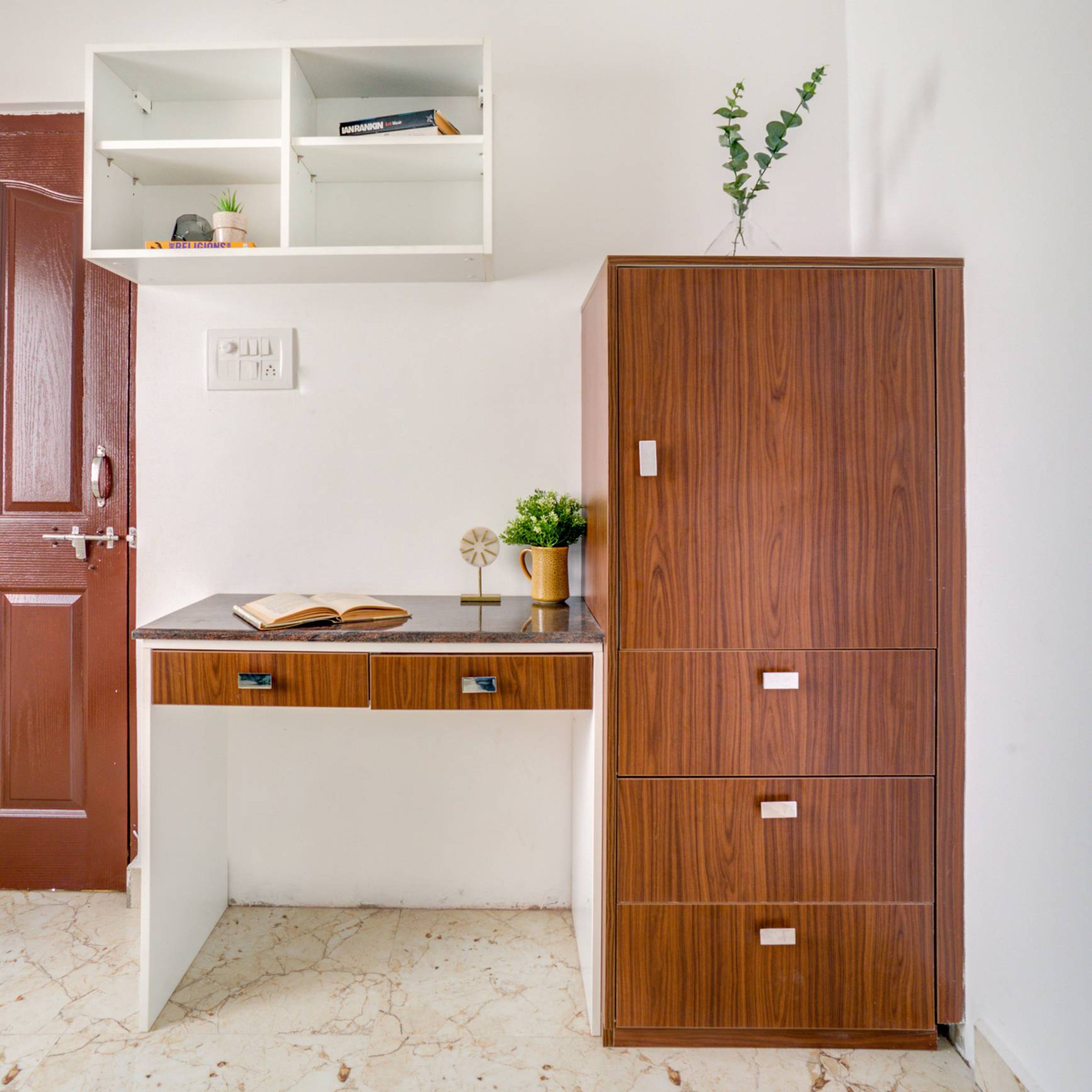 Modern Home Office Design With A Tall Wooden Storage Unit