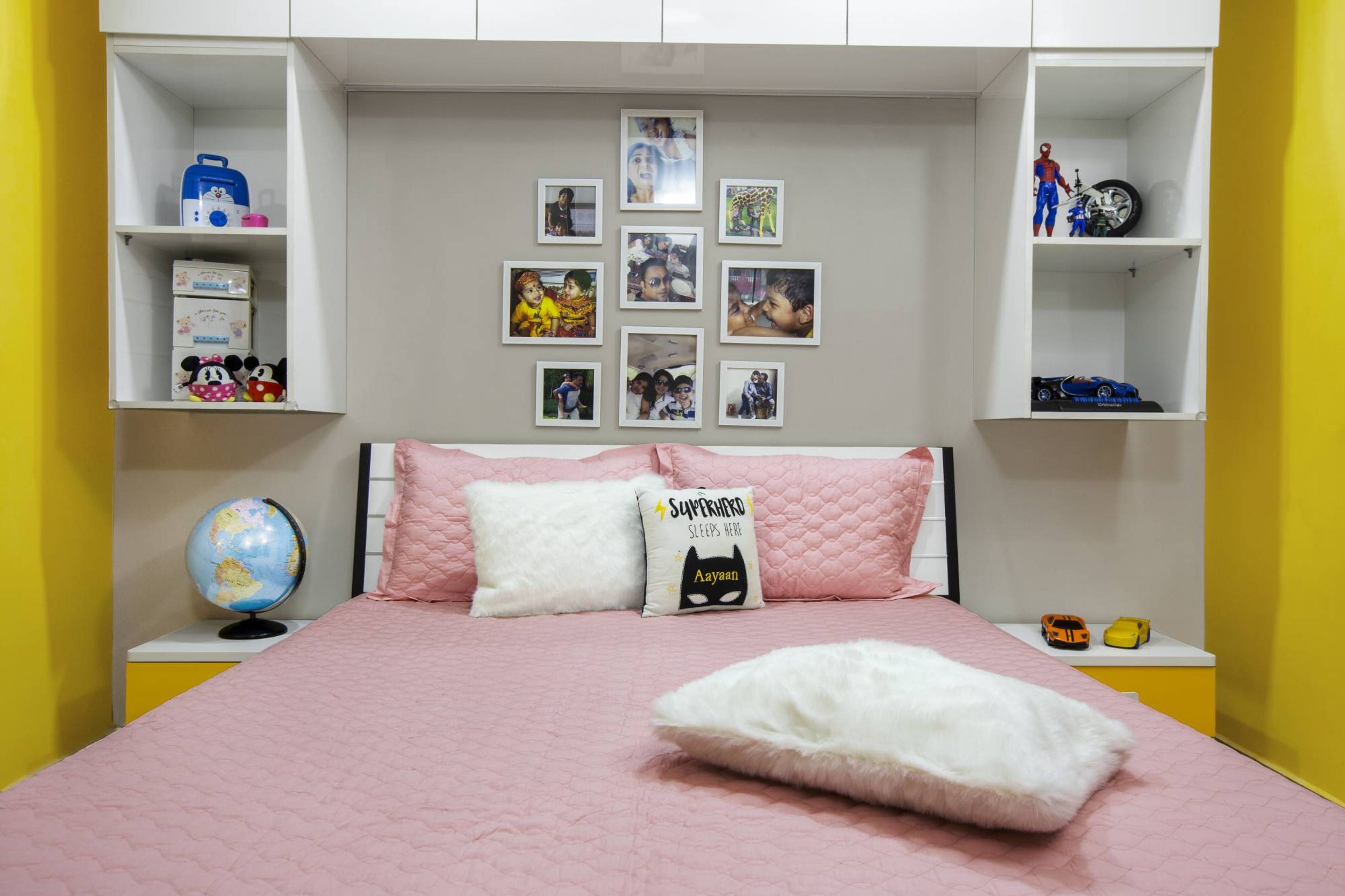 Modern Kids Room Design With Wall Shelves And Loft Storage