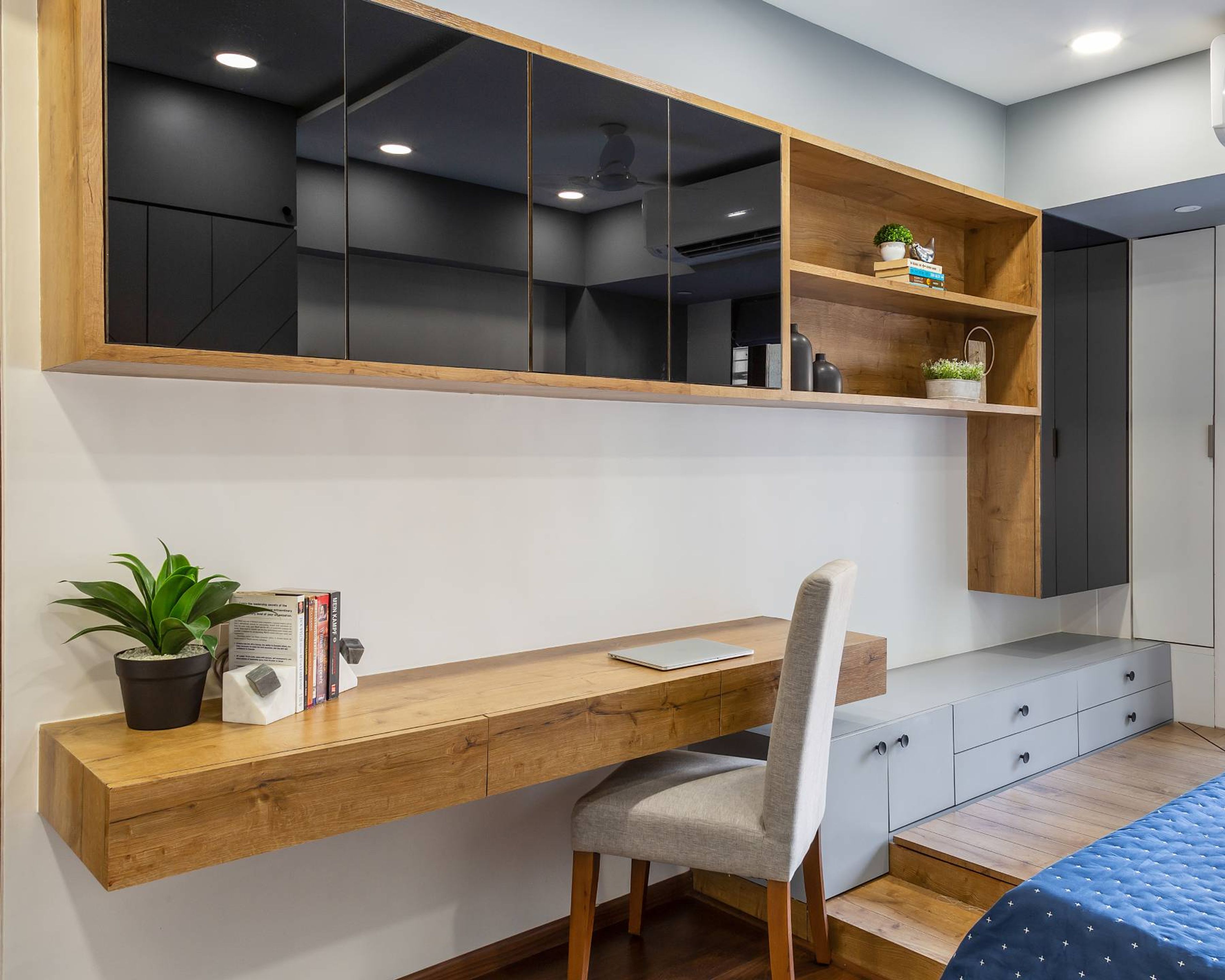 Modern Home Office Design With Wide Overhead Storage