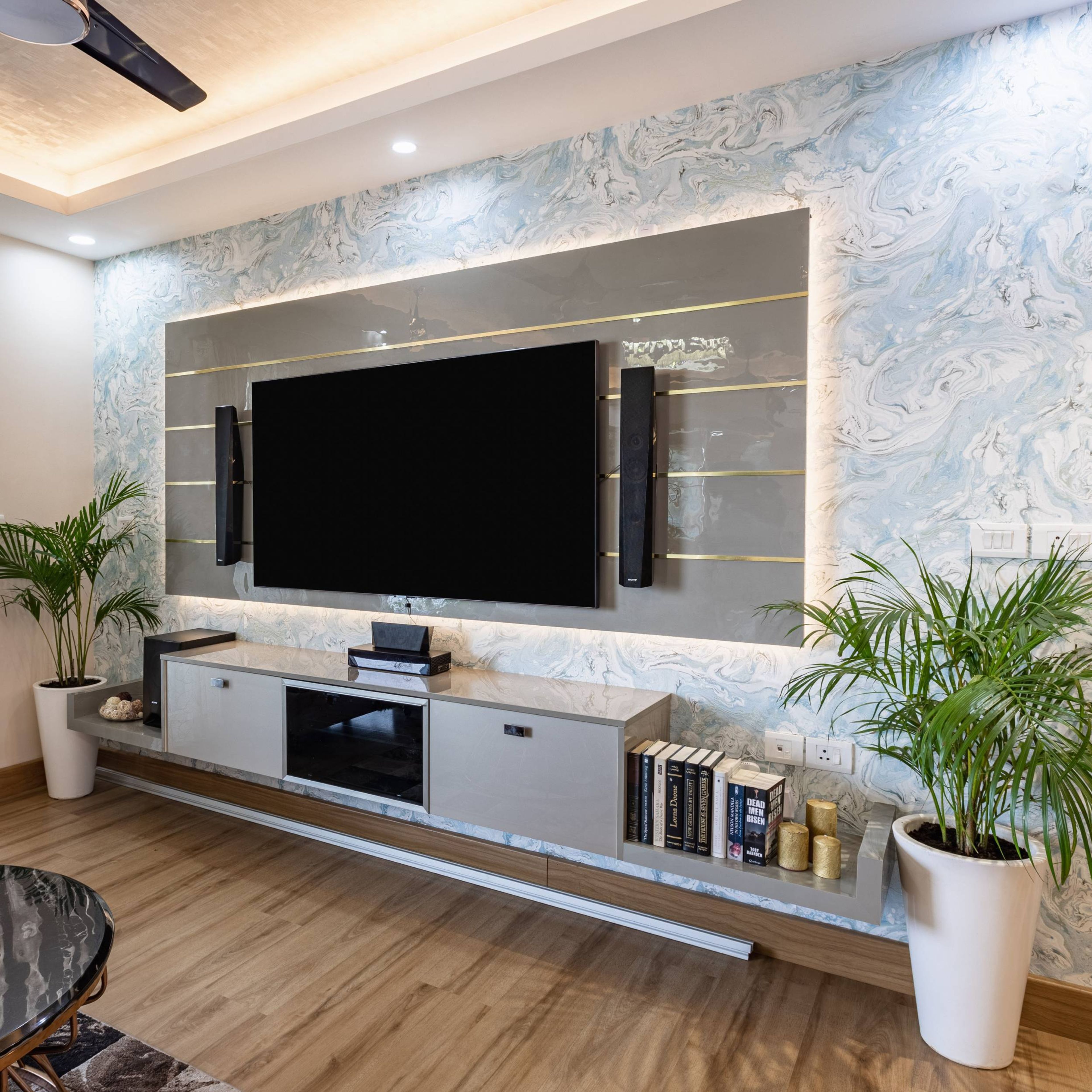 Grey TV Cabinet With A Glossy Finish - Livspace