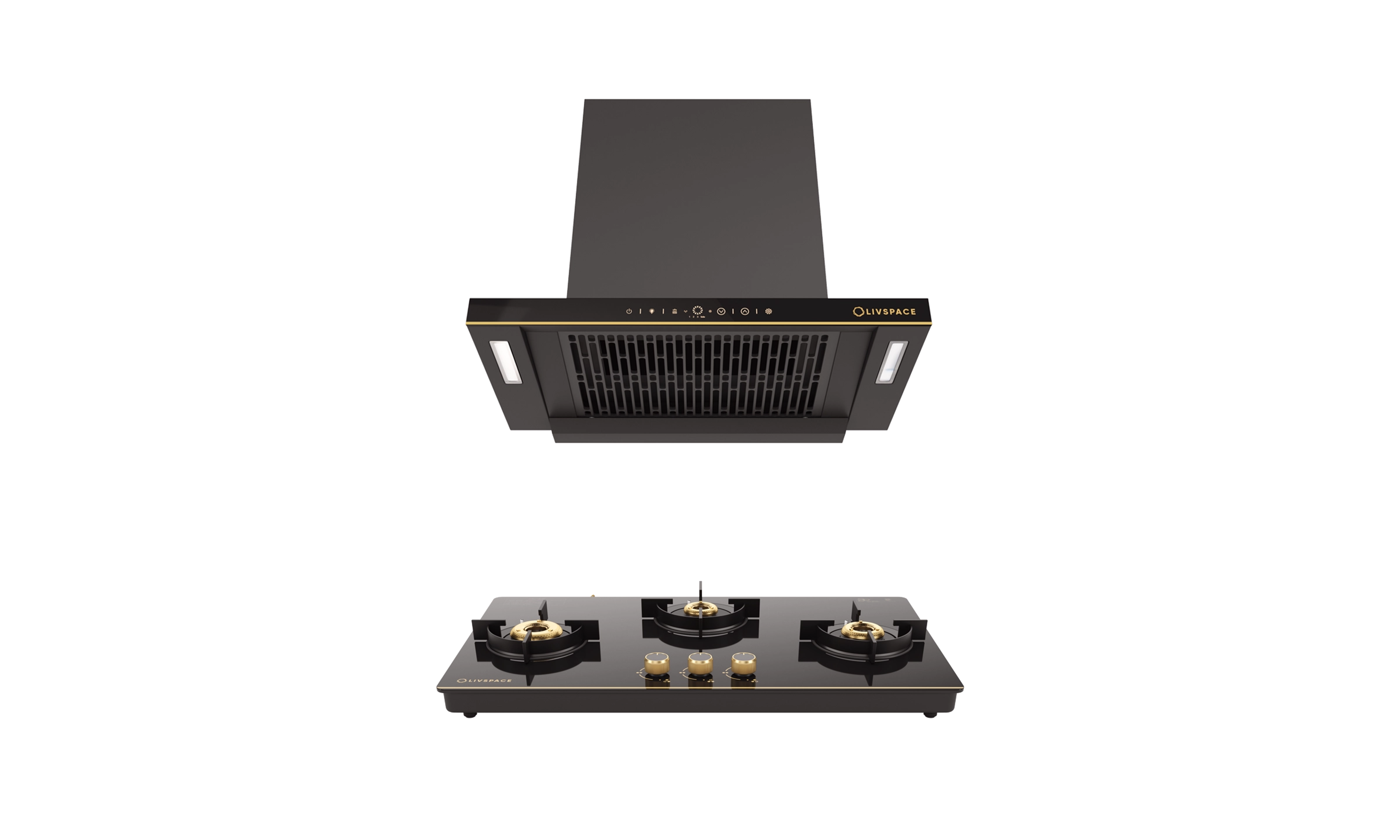 Intellia by LIVSPACE T-shape shape BLDC autoclean Filterless 600mm 1600m3/h suction Chimney & 3 Brass Burner Gloss finish 770mm with Auto Ignition Cooktop with installation (Ducted) | Intellia CH T 60 & Intellia CT 77 3B