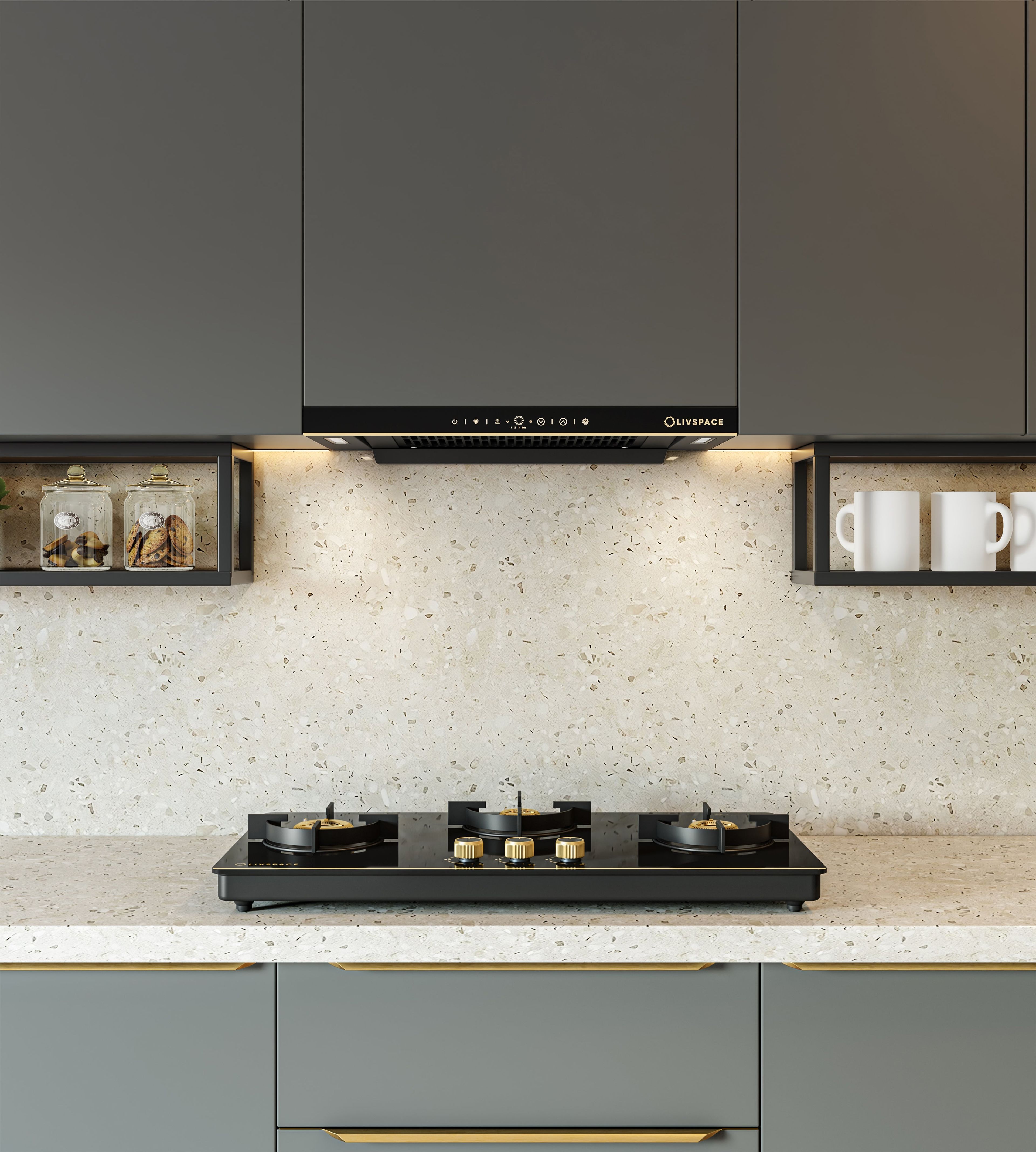 Intellia by LIVSPACE T-shape shape BLDC autoclean Filterless 600mm 1600m3/h suction Chimney & 3 Brass Burner Gloss finish 770mm with Auto Ignition Cooktop with installation (Ducted) | Intellia CH T 60 & Intellia CT 77 3B