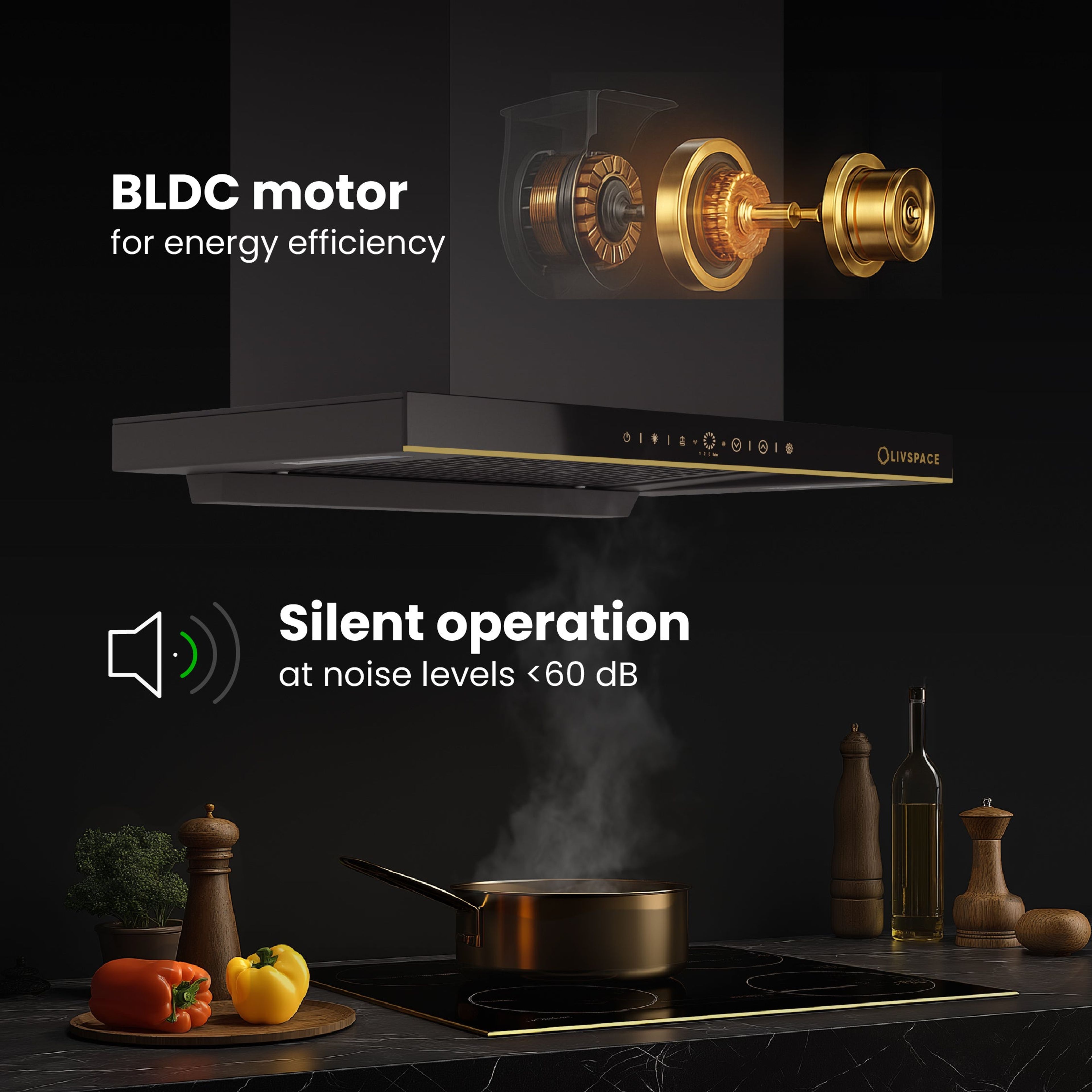 Intellia by LIVSPACE T-shape shape BLDC autoclean Filterless 600mm 1600m3/h suction Chimney & 3 Brass Burner Gloss finish 770mm with Auto Ignition Cooktop with installation (Ducted) | Intellia CH T 60 & Intellia CT 77 3B