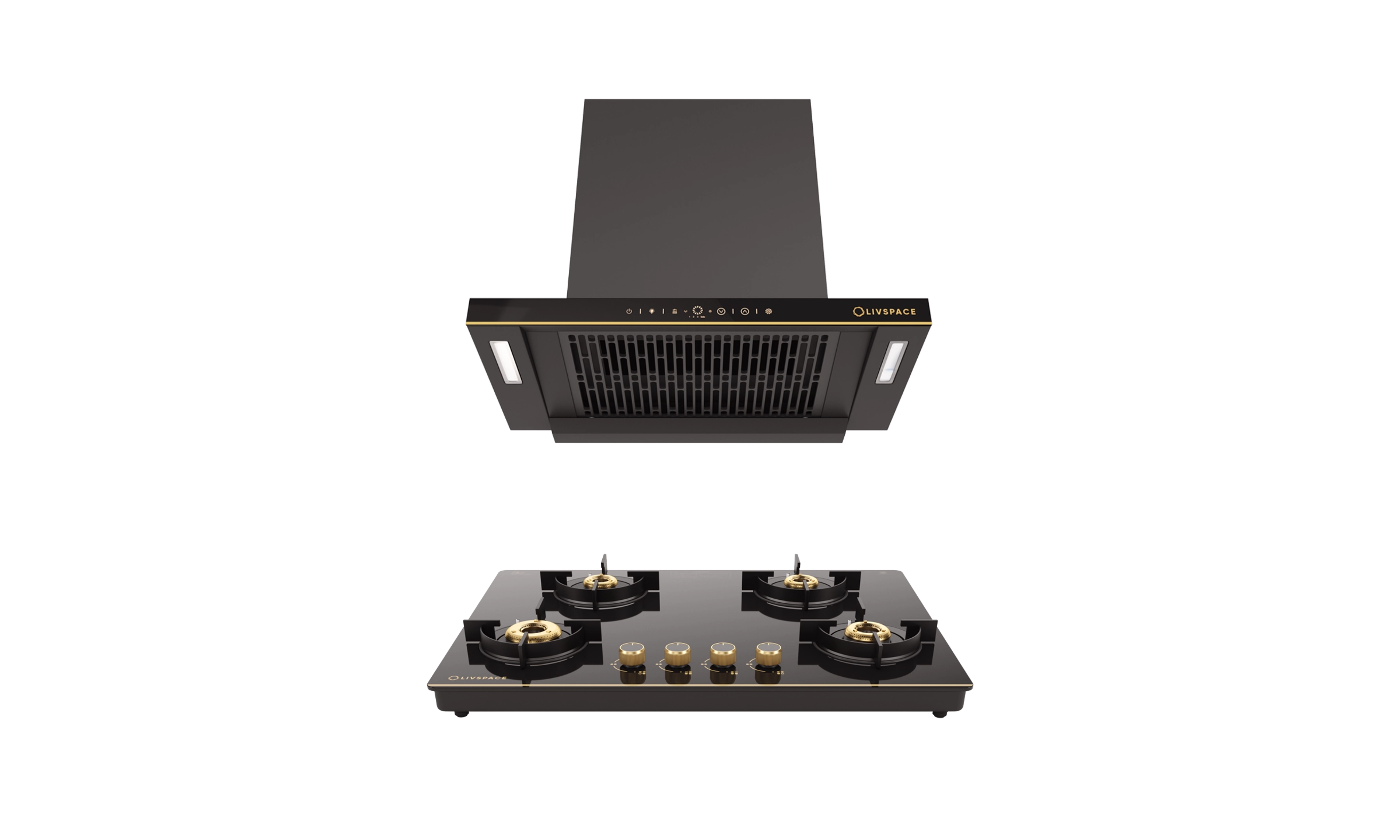 Intellia by LIVSPACE T-shape shape BLDC autoclean Filterless 600mm 1600m3/h suction Chimney & 4 Brass Burner Gloss finish 750mm with Auto Ignition Cooktop with installation (Ducted) | Intellia CH T 60 & Intellia CT 75 4B