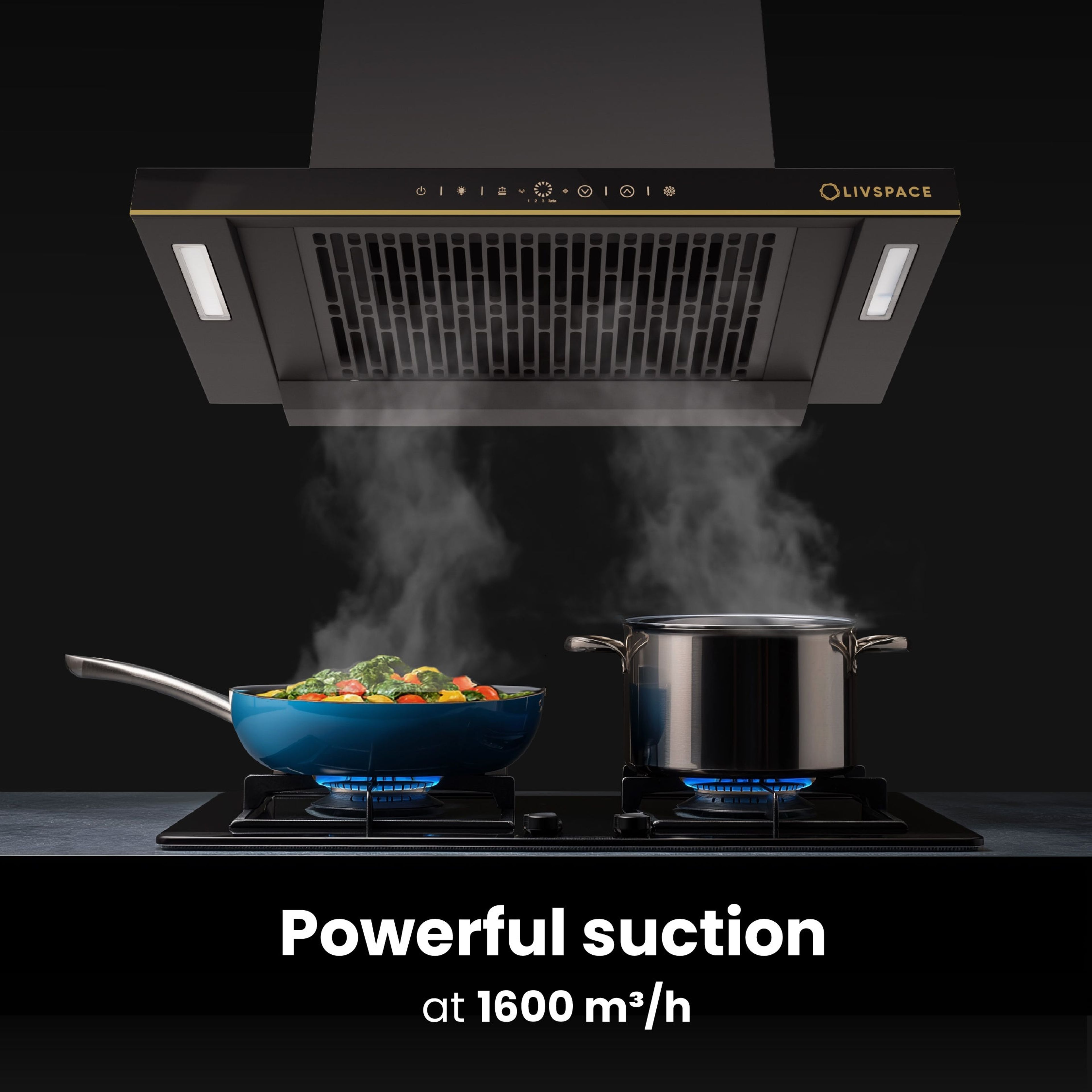 Intellia by LIVSPACE T-shape shape BLDC autoclean Filterless 600mm 1600m3/h suction Chimney & 4 Brass Burner Gloss finish 750mm with Auto Ignition Cooktop with installation (Ducted) | Intellia CH T 60 & Intellia CT 75 4B