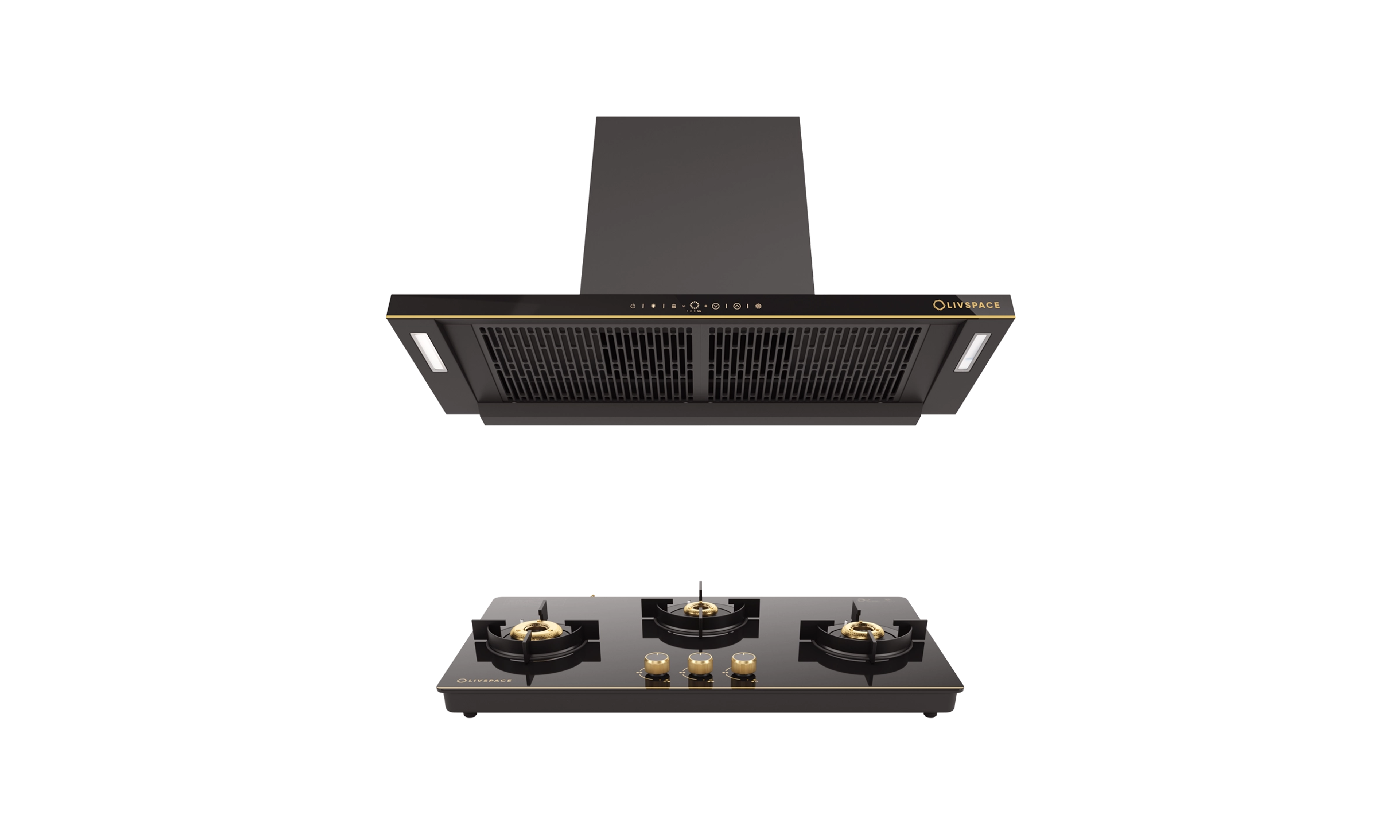 Intellia by LIVSPACE T-shape shape BLDC autoclean Filterless 900mm 1600m3/h suction Chimney & 3 Brass Burner Gloss finish 770mm with Auto Ignition Cooktop with installation (Ducted) | Intellia CH T 90 & Intellia CT 77 3B