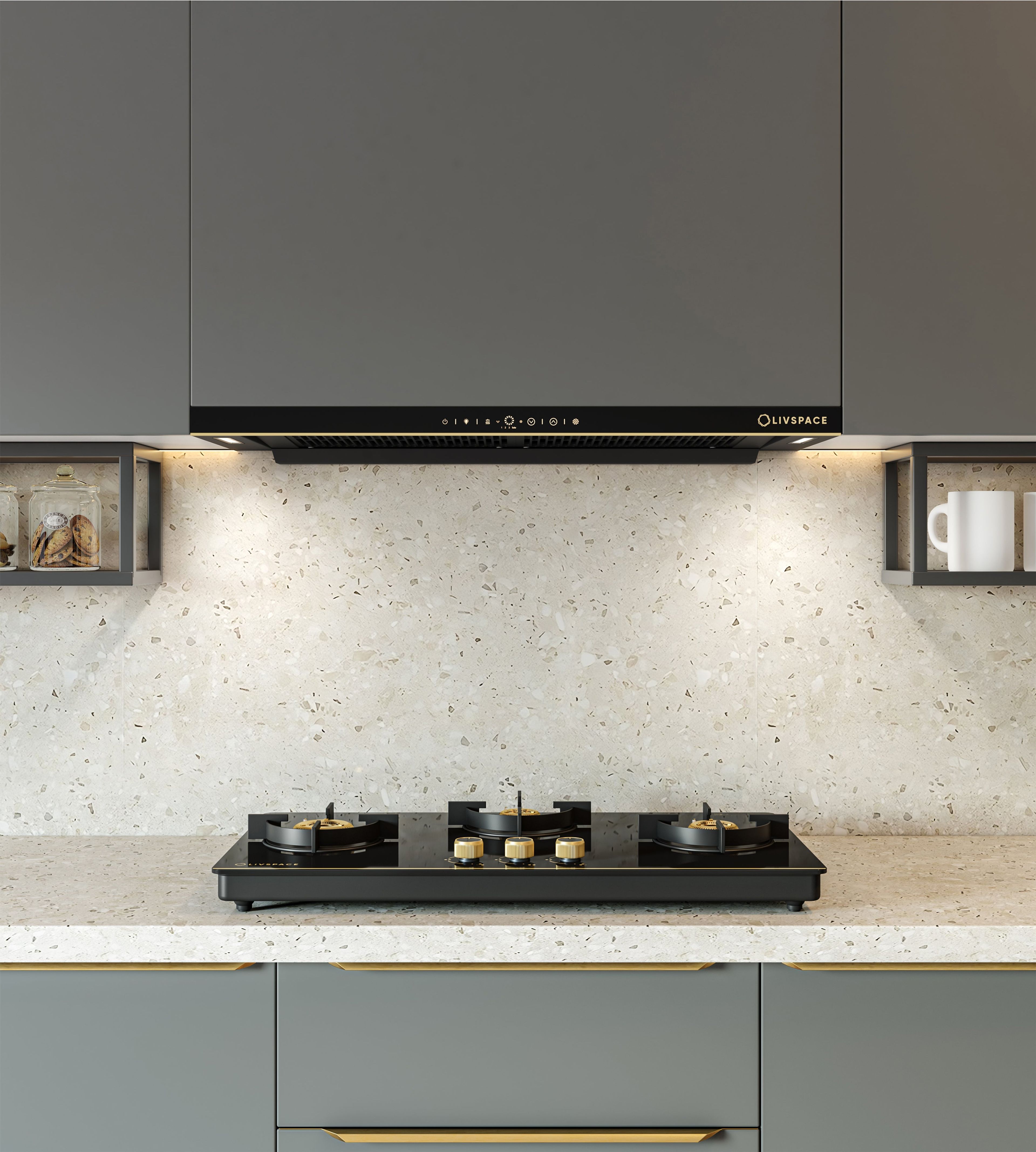 Intellia by LIVSPACE T-shape shape BLDC autoclean Filterless 900mm 1600m3/h suction Chimney & 3 Brass Burner Gloss finish 770mm with Auto Ignition Cooktop with installation (Ducted) | Intellia CH T 90 & Intellia CT 77 3B