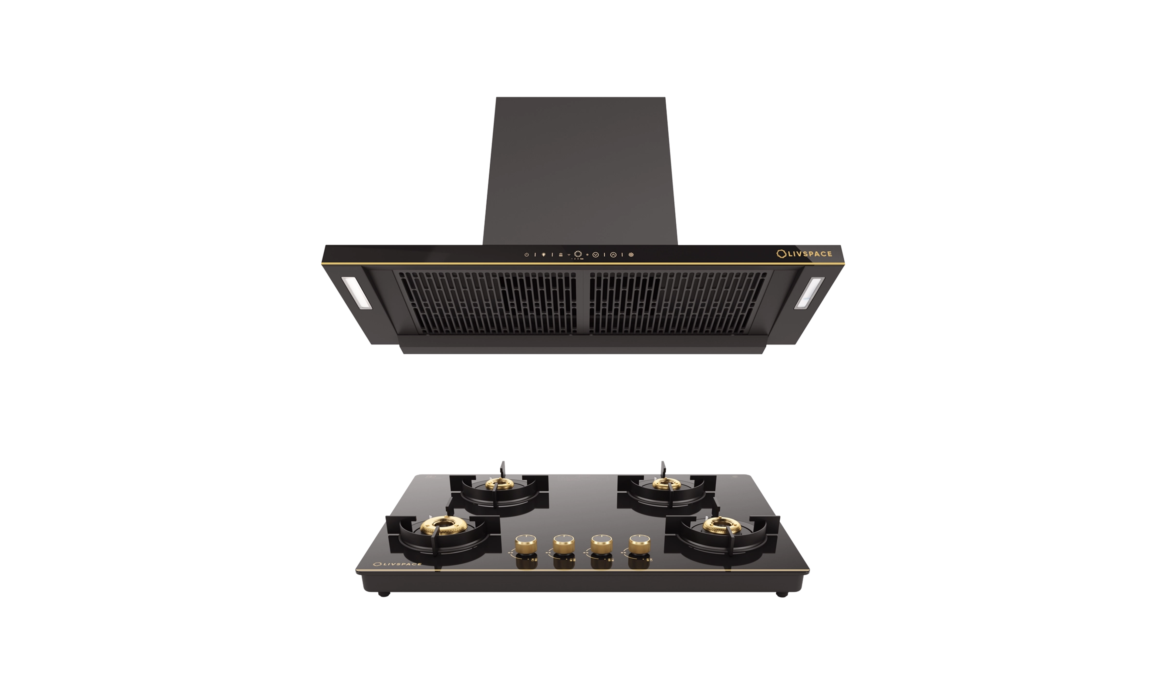 Intellia by LIVSPACE T-shape shape BLDC autoclean Filterless 900mm 1600m3/h suction Chimney & 4 Brass Burner Gloss finish 750mm with Auto Ignition Cooktop with installation (Ducted) | Intellia CH T 90 & Intellia CT 75 4B