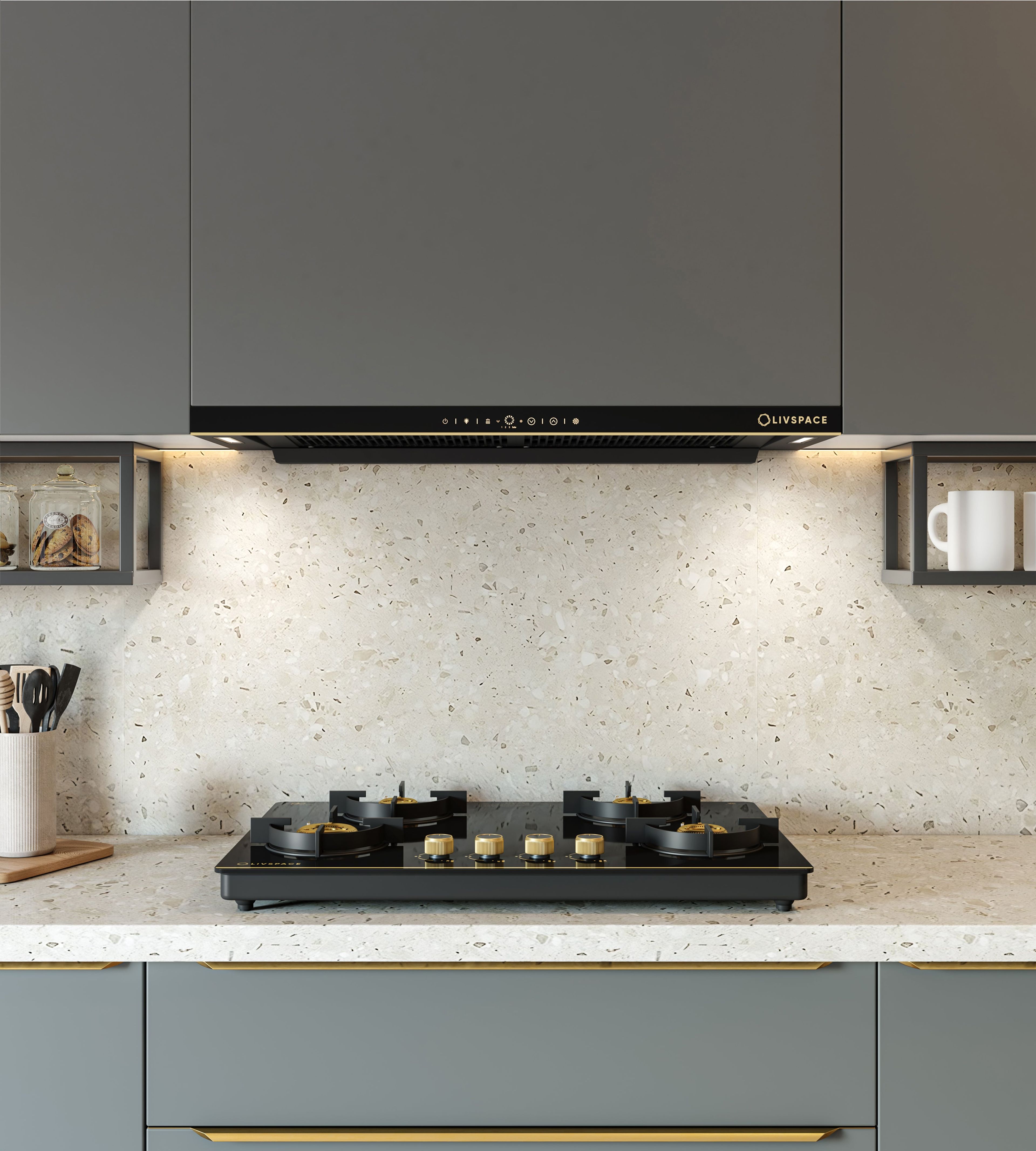 Intellia by LIVSPACE T-shape shape BLDC autoclean Filterless 900mm 1600m3/h suction Chimney & 4 Brass Burner Gloss finish 750mm with Auto Ignition Cooktop with installation (Ducted) | Intellia CH T 90 & Intellia CT 75 4B