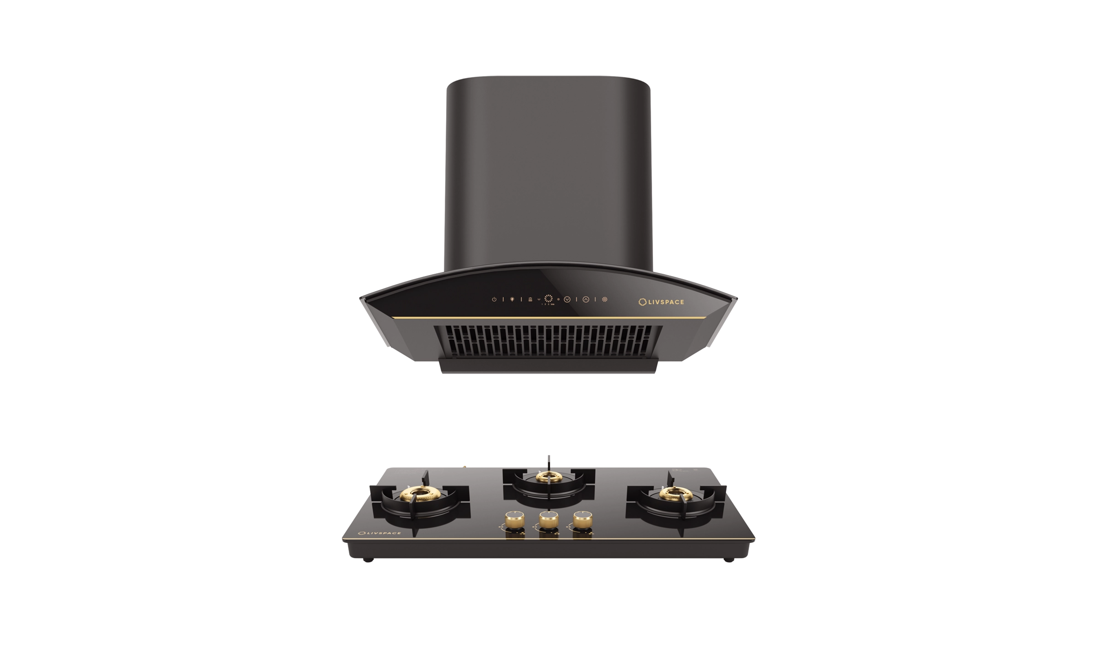 Intellia Series by LIVSPACE Curve shape BLDC autoclean Filterless 600mm 1600m3/h suction Chimney & 3 Brass Burner Gloss finish 770mm with Auto Ignition Cooktop with installation (Ducted) | Intellia CH C 60 & Intellia CT 77 3B