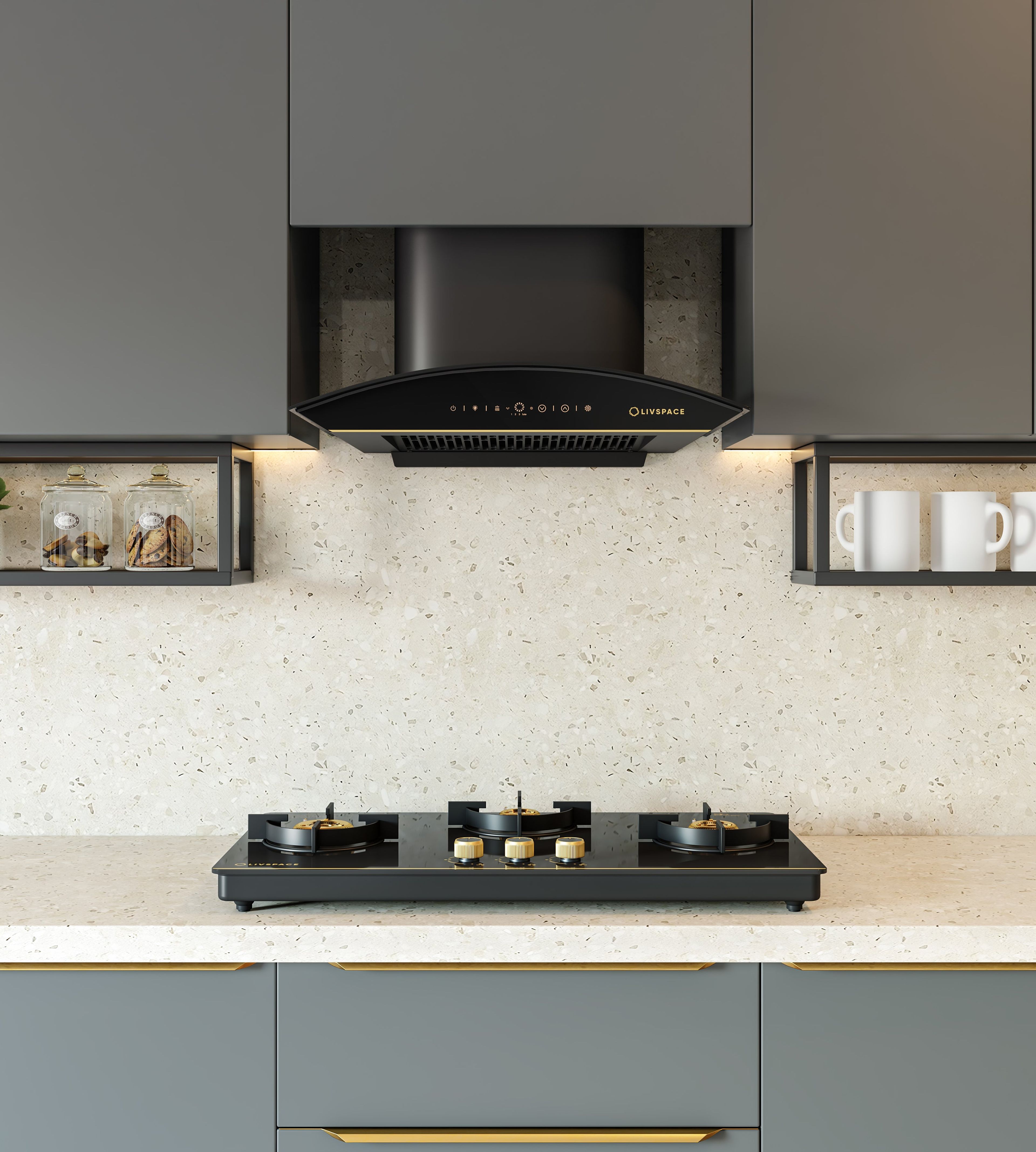 Intellia Series by LIVSPACE Curve shape BLDC autoclean Filterless 600mm 1600m3/h suction Chimney & 3 Brass Burner Gloss finish 770mm with Auto Ignition Cooktop with installation (Ducted) | Intellia CH C 60 & Intellia CT 77 3B