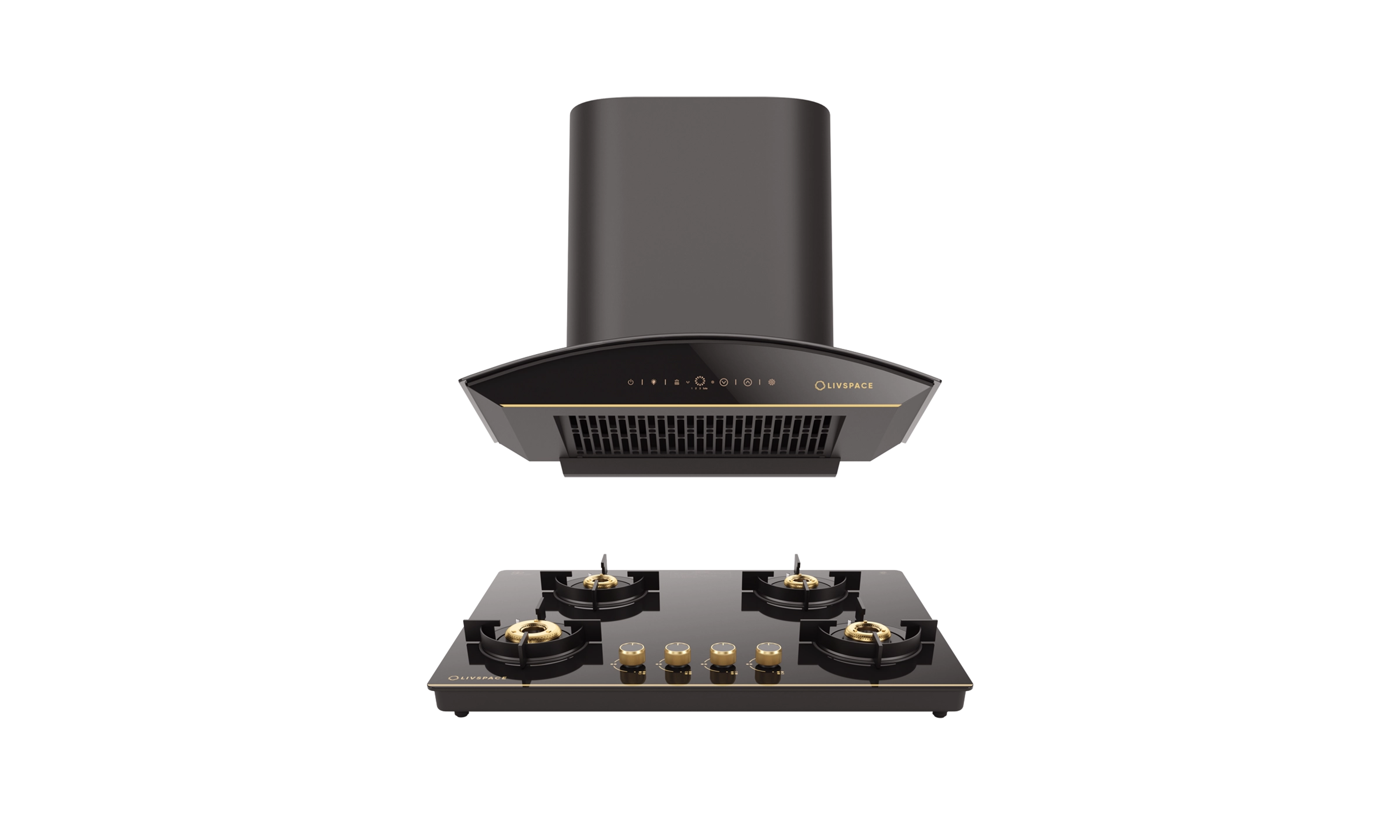 Intellia Series by LIVSPACE Curve shape BLDC autoclean Filterless 600mm 1600m3/h suction Chimney & 4 Brass Burner Gloss finish 750mm with Auto Ignition Cooktop with installation (Ducted) | Intellia CH C 60 & Intellia CT 75 4B