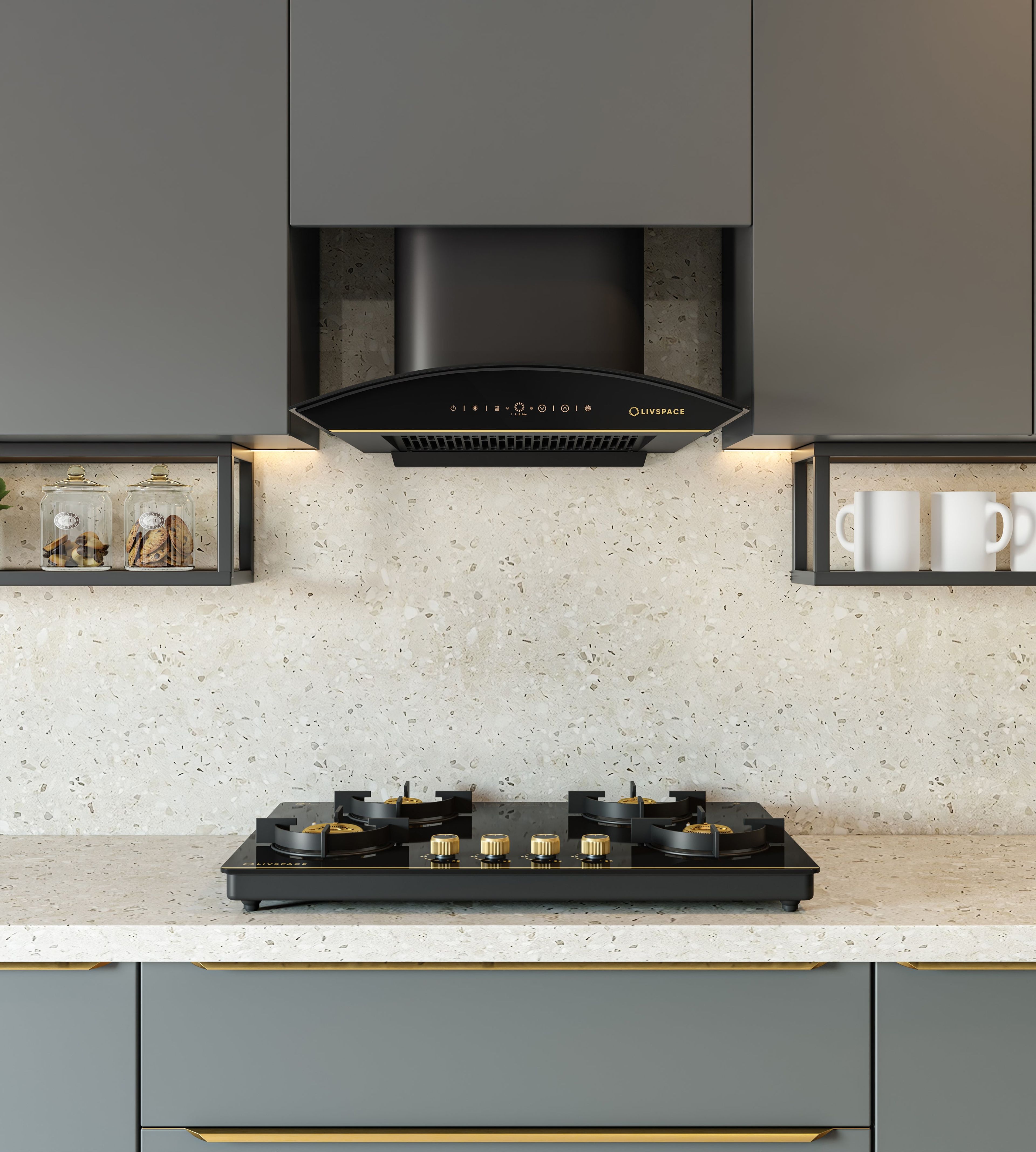 Intellia Series by LIVSPACE Curve shape BLDC autoclean Filterless 600mm 1600m3/h suction Chimney & 4 Brass Burner Gloss finish 750mm with Auto Ignition Cooktop with installation (Ducted) | Intellia CH C 60 & Intellia CT 75 4B