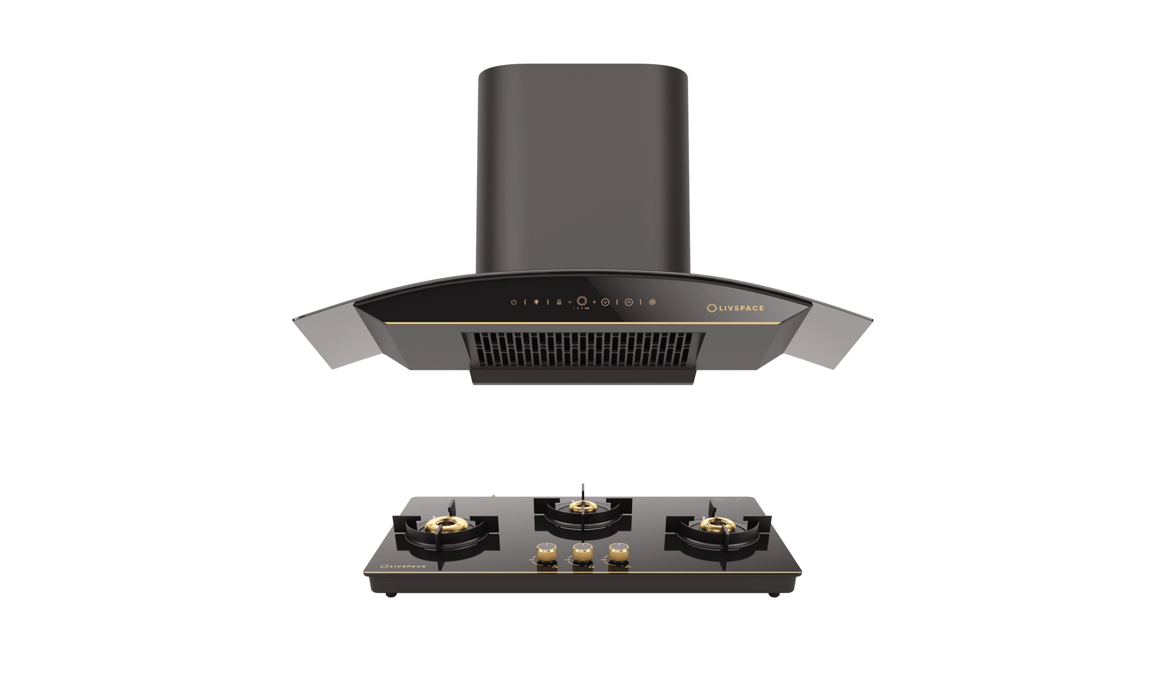 Intellia Series by LIVSPACE Curve shape BLDC autoclean Filterless 900mm 1600m3/h suction Chimney & 3 Brass Burner Gloss finish 770mm with Auto Ignition Cooktop with installation (Ducted) | Intellia CH C 90 & Intellia CT 77 3B