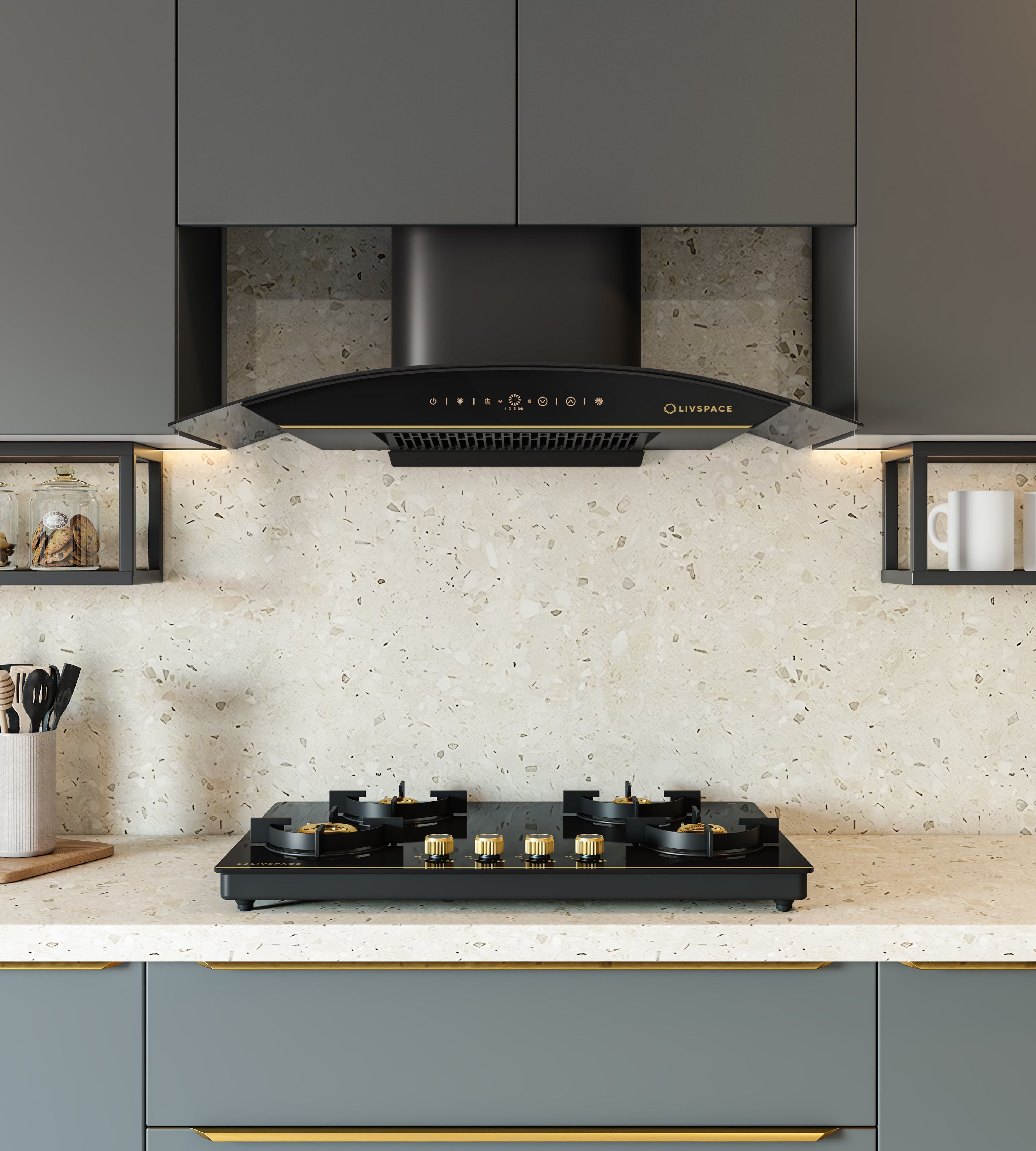 Intellia Series by LIVSPACE Curve shape BLDC autoclean Filterless 900mm 1600m3/h suction Chimney & 4 Brass Burner Gloss finish 750mm with Auto Ignition Cooktop with installation (Ducted) | Intellia CH C 90 & Intellia CT 75 4B