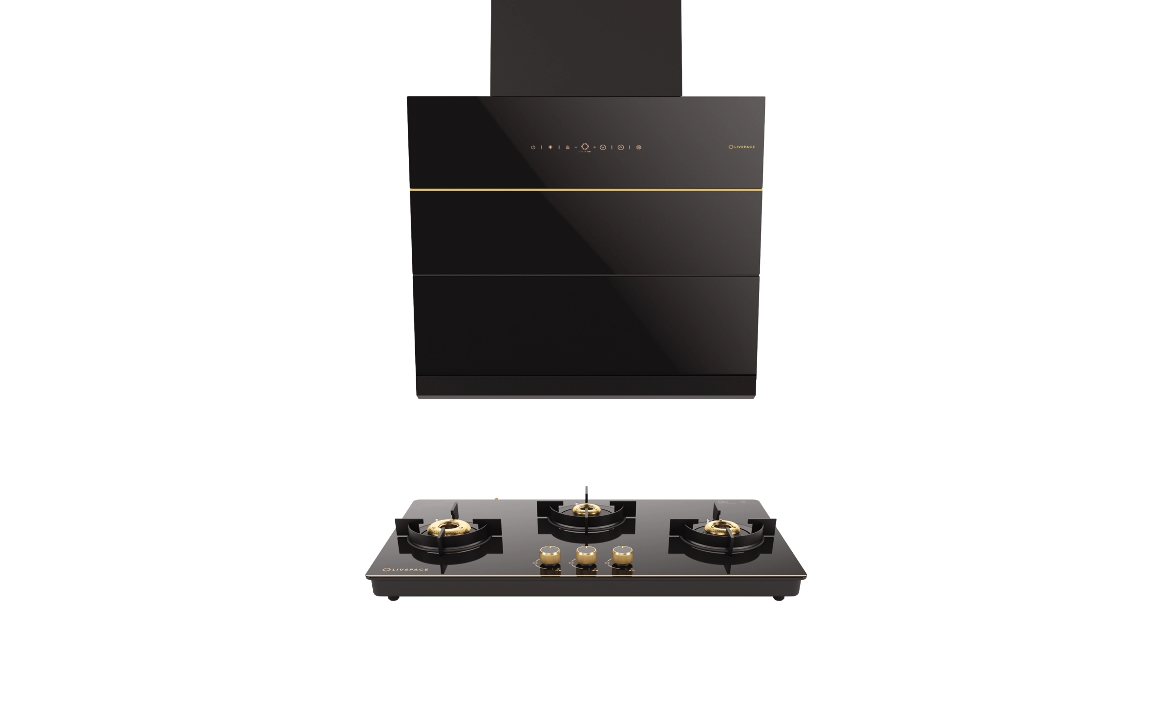 Intellia Series by LIVSPACE Inclined shape BLDC autoclean Filterless 600mm 1600m3/h suction Chimney & 3 Brass Burner Gloss finish 770mm with Auto Ignition Cooktop with installation (Ducted) | Intellia CH I 60 & Intellia CT 77 3B