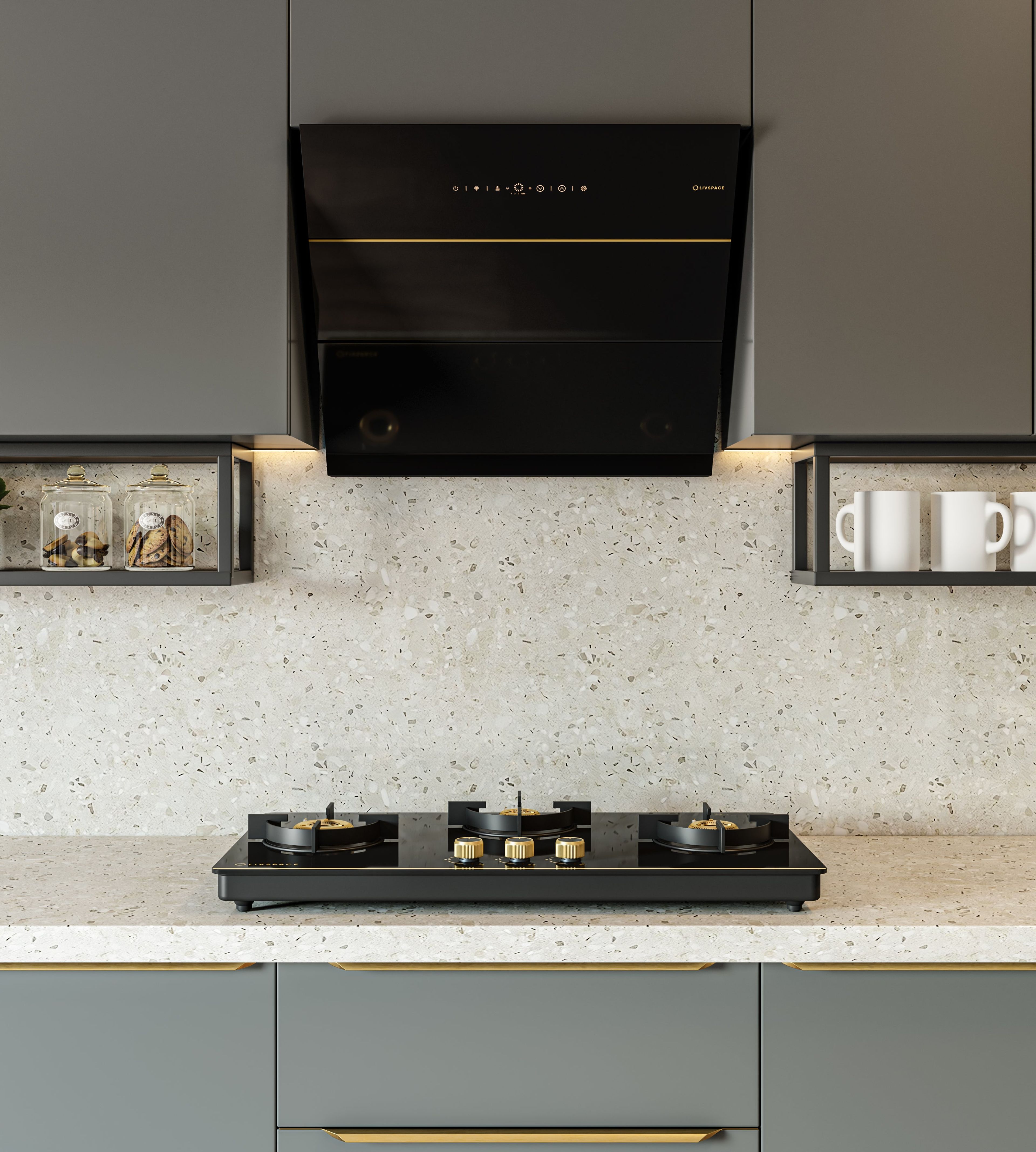 Intellia Series by LIVSPACE Inclined shape BLDC autoclean Filterless 600mm 1600m3/h suction Chimney & 3 Brass Burner Gloss finish 770mm with Auto Ignition Cooktop with installation (Ducted) | Intellia CH I 60 & Intellia CT 77 3B