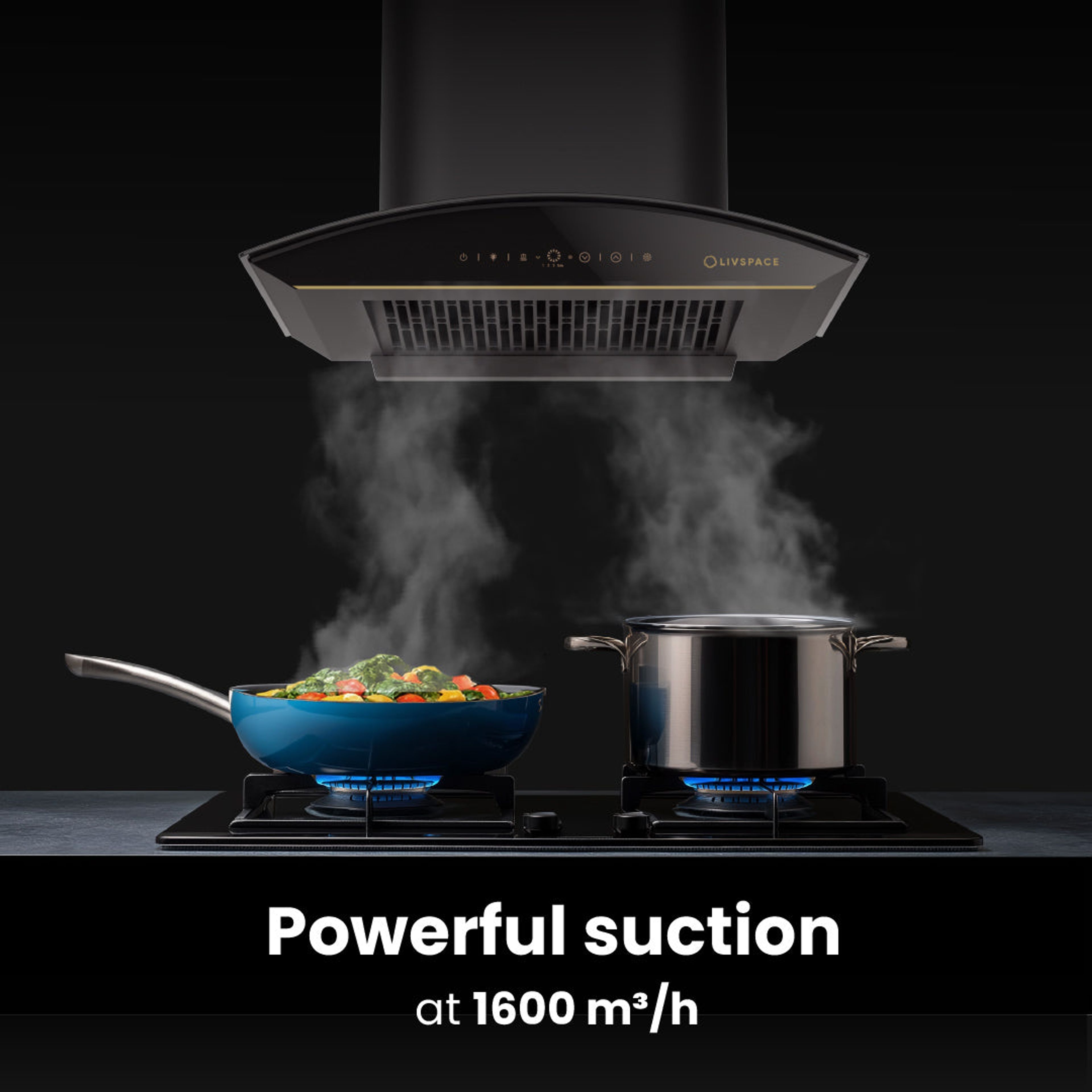 Intellia Series by LIVSPACE Inclined shape BLDC autoclean Filterless 600mm 1600m3/h suction Chimney & 3 Brass Burner Gloss finish 770mm with Auto Ignition Cooktop with installation (Ducted) | Intellia CH I 60 & Intellia CT 77 3B