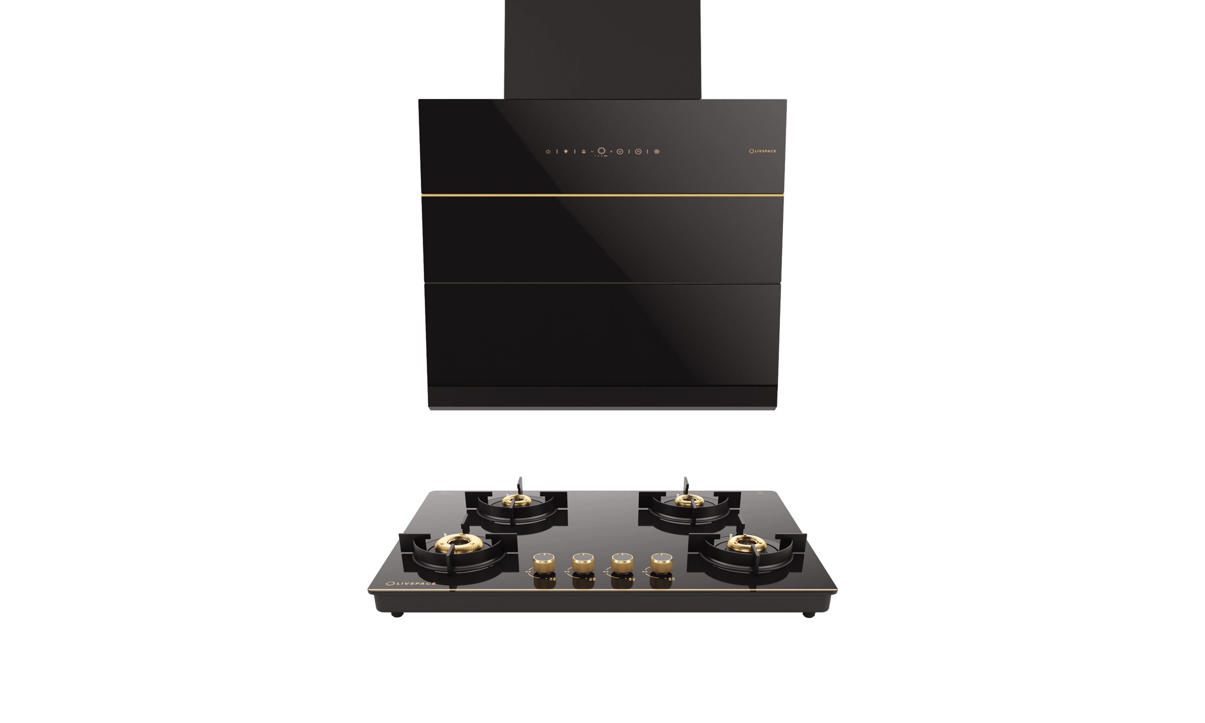 Intellia Series by LIVSPACE Inclined shape BLDC autoclean Filterless 600mm 1600m3/h suction Chimney & 4 Brass Burner Gloss finish 750mm with Auto Ignition Cooktop with installation (Ducted) | Intellia CH I 60 & Intellia CT 75 4B