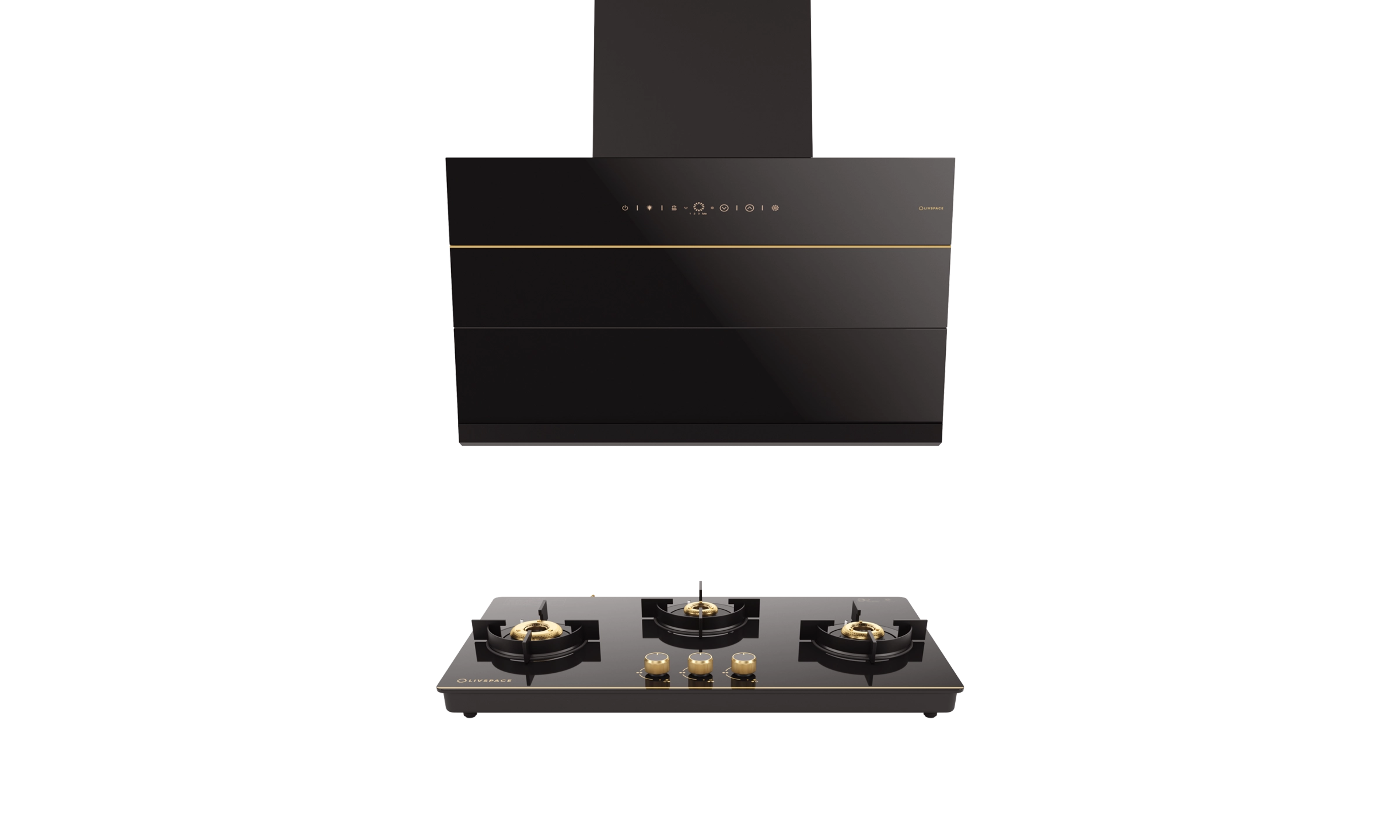 Intellia Series by LIVSPACE Inclined shape BLDC autoclean Filterless 900mm 1600m3/h suction Chimney & 3 Brass Burner Gloss finish 770mm with Auto Ignition Cooktop with installation (Ducted) | Intellia CH I 90 & Intellia CT 77 3B